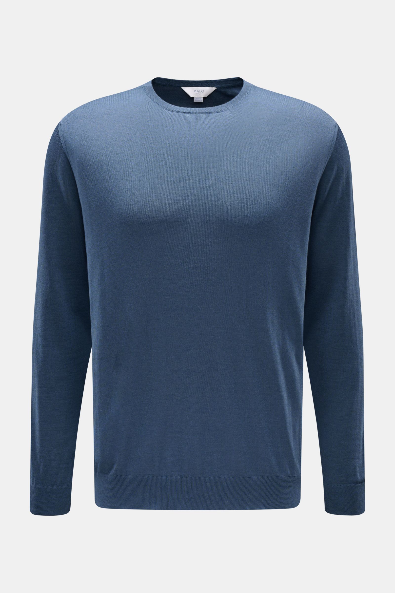 Malo Rundhalspullover dunkelblau, Slim Fit, aus Cashmere-Seide-Mix, feines Strickbild, Rundhalsausschnitt, Rippbündchen, frontale Nahaufnahme