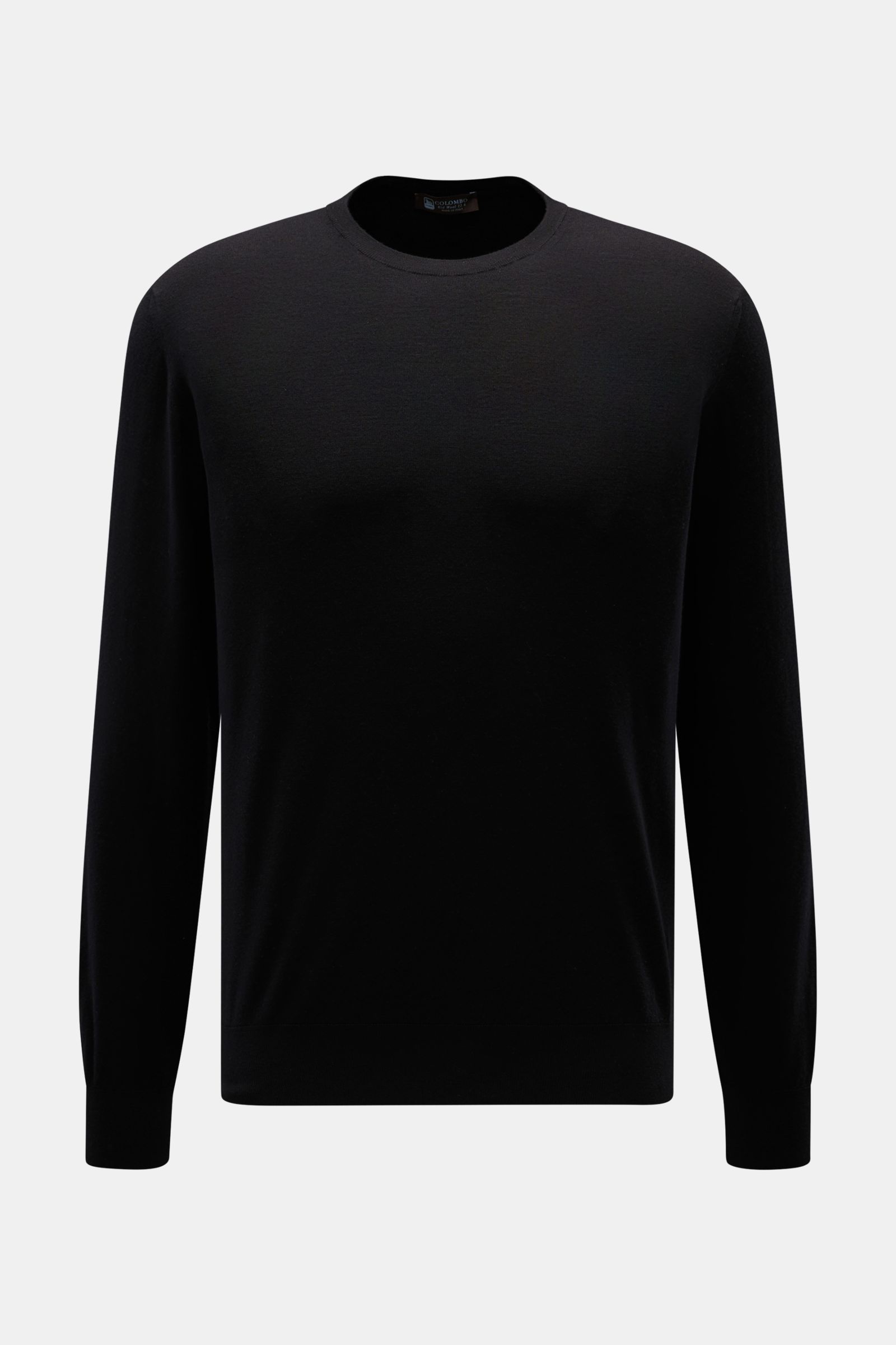 Colombo Rundhalspullover schwarz, Frontansicht, aus reiner Kid Wool, Regular Fit, weicher Griff, Rundhalsausschnitt, Rippbündchen, subtiler Luxus