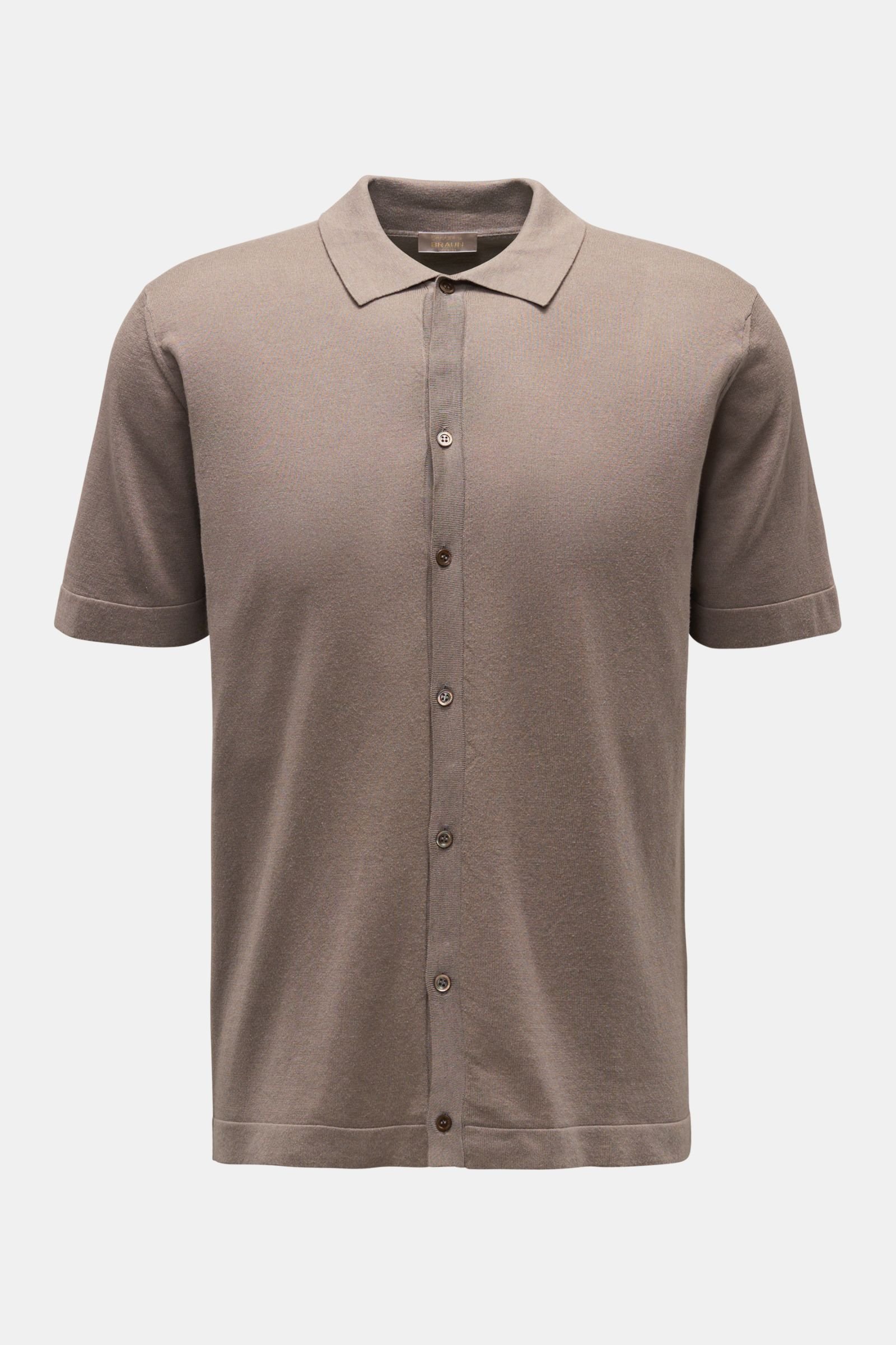 Short sleeve knit shirt narrow collar grey-brown