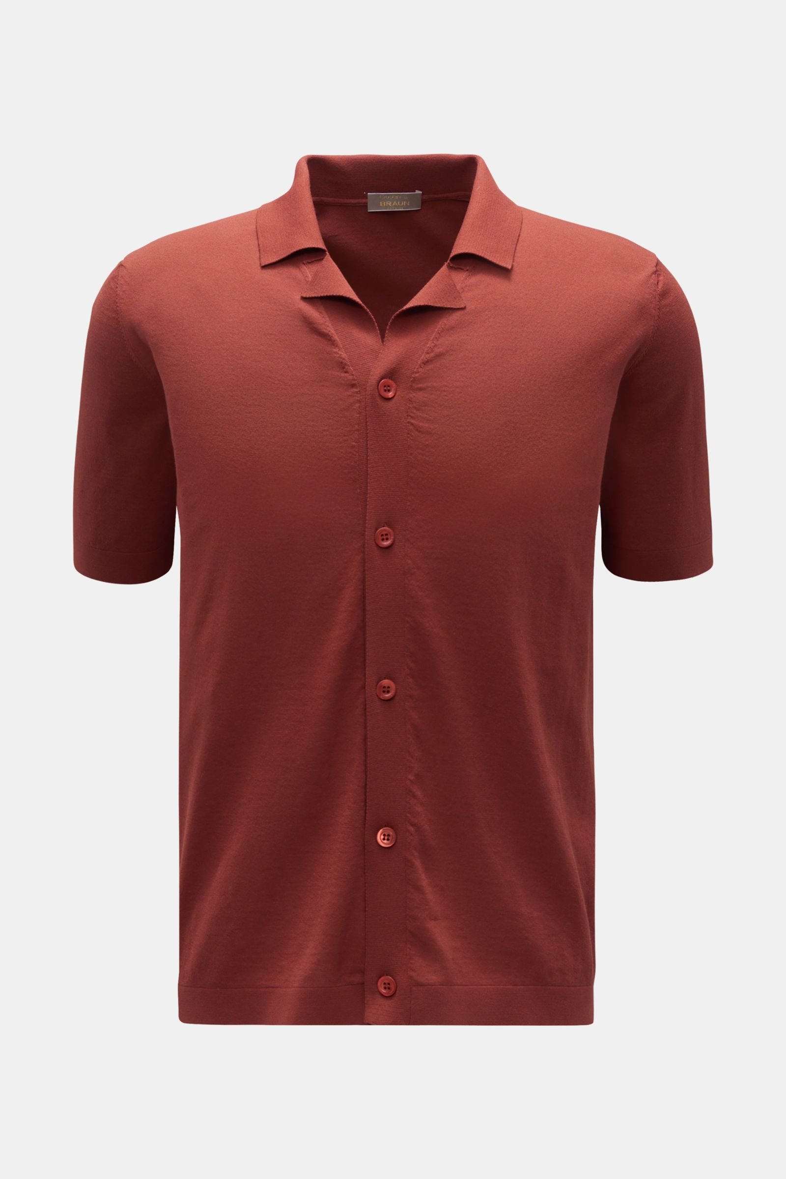 Short sleeve knit shirt Cuban collar red brown