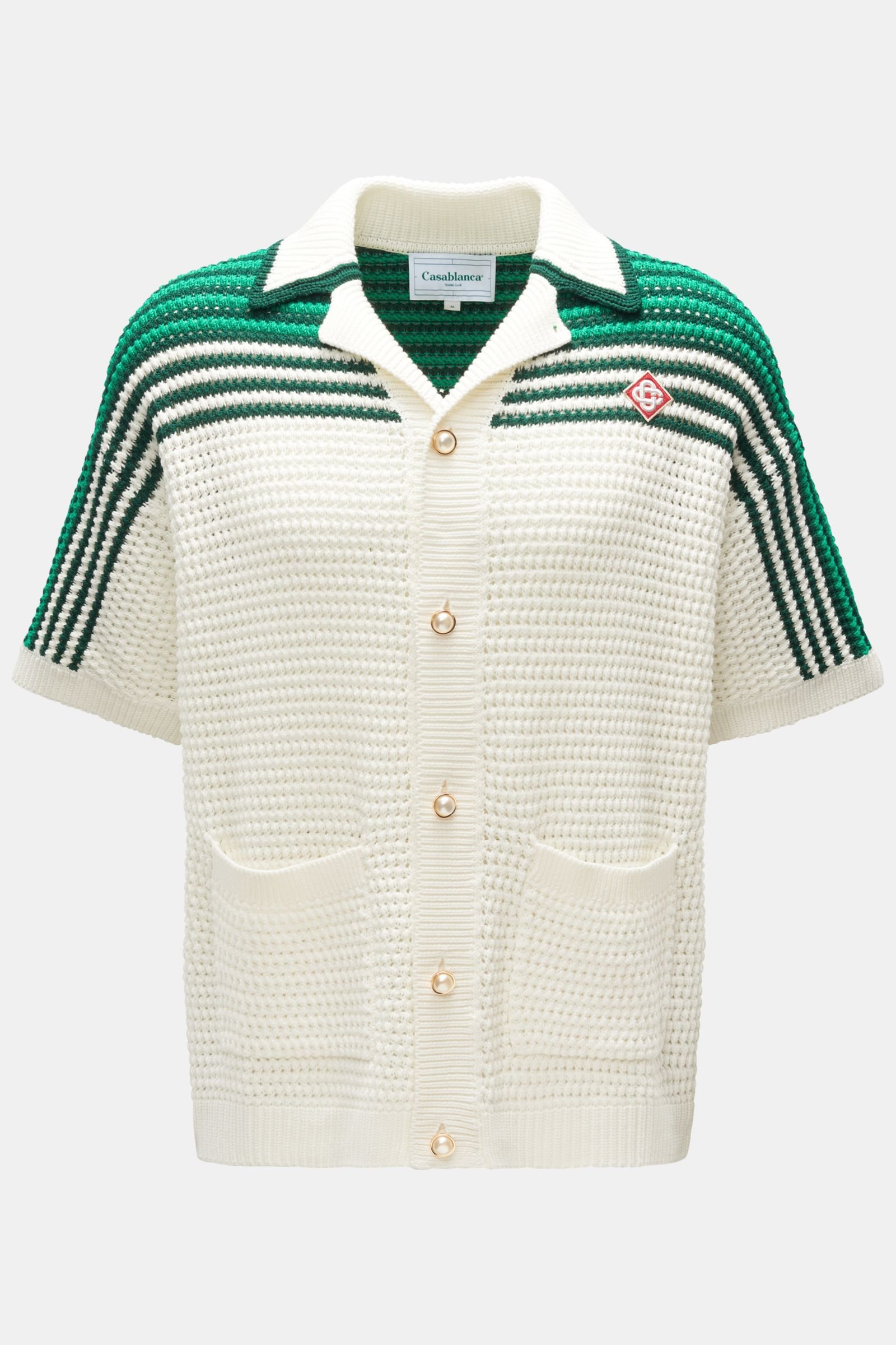 Short sleeve knit shirt 'Tennis Crochet Shirt' Cuban collar green/off-white