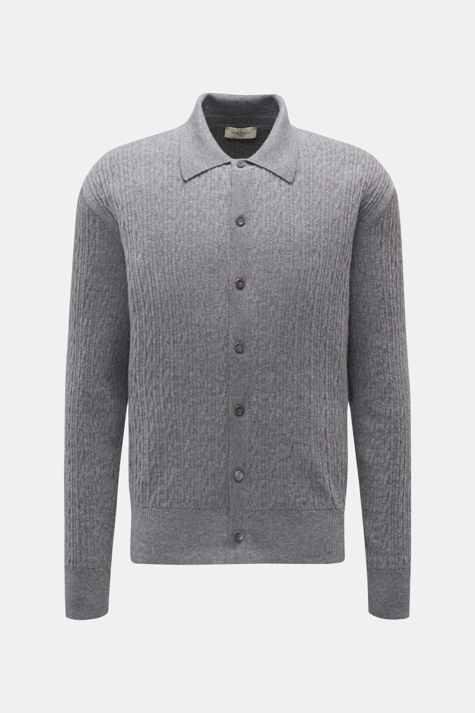 Piacenza 1733 Cardigan grau meliert, frontale Ansicht, Slim Fit, 100% Schurwolle, Rippstrick-Design, Umlegekragen, Knopfleiste, Rippbündchen.