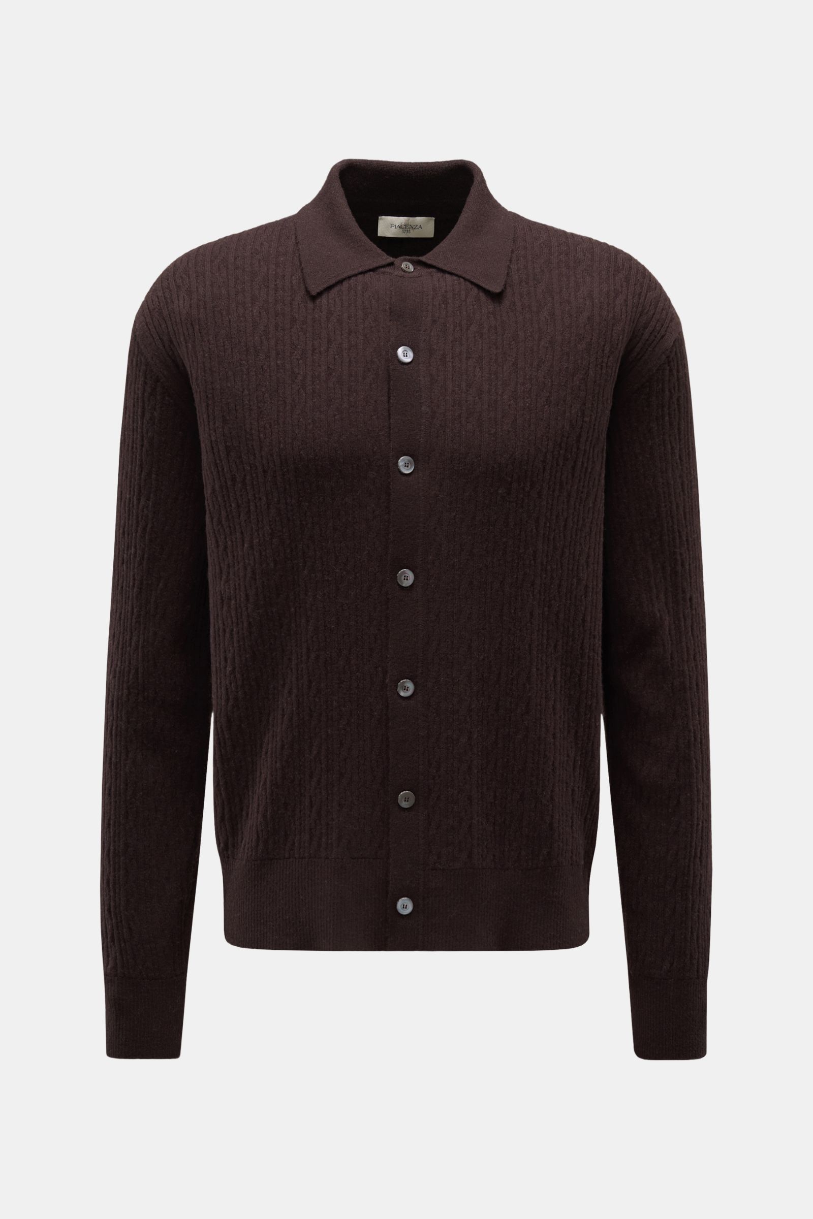 Piacenza 1733 Cardigan dunkelbraun aus reiner Schurwolle, Slim Fit, Rippstrick-Design, klassischer Umlegekragen, Frontansicht.
