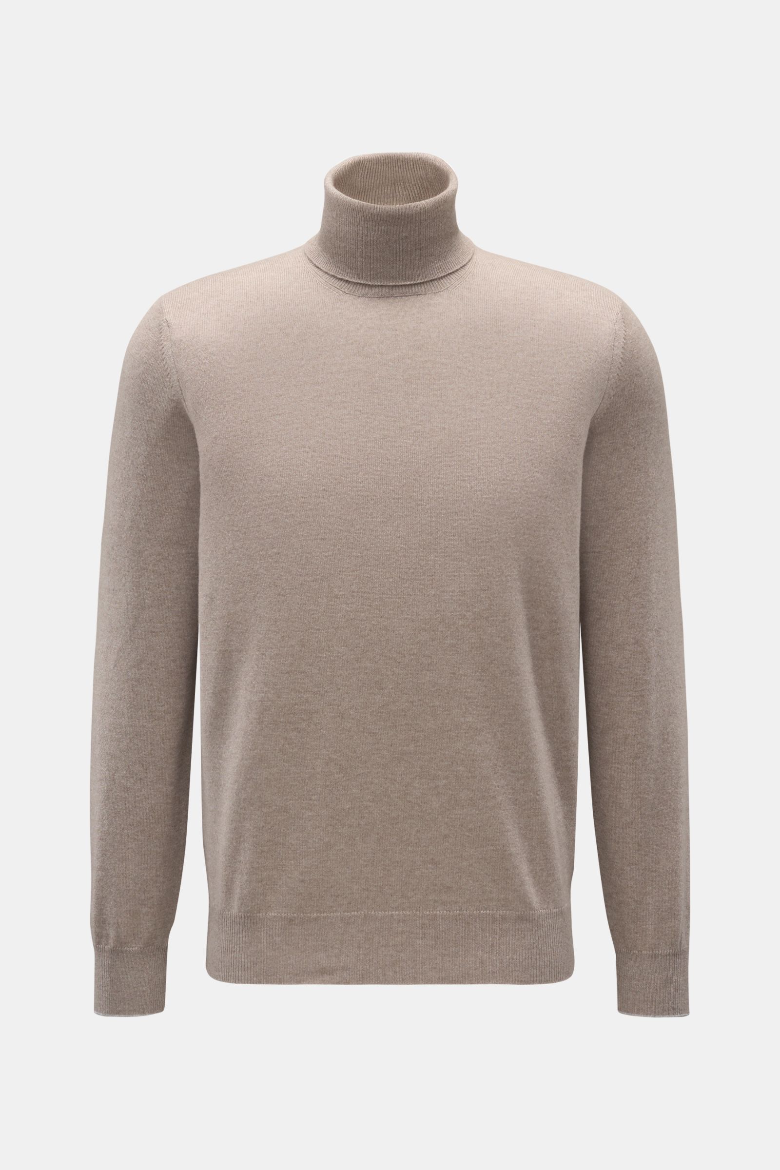 Front view of Brunello Cucinelli Cashmere Rollkragenpullover taupe meliert, a luxurious pure cashmere turtleneck sweater with fine knit, narrow contrast edges, regular fit, soft touch, and flexible ribbed cuffs. Als vielseitiges Essential bietet dieser
