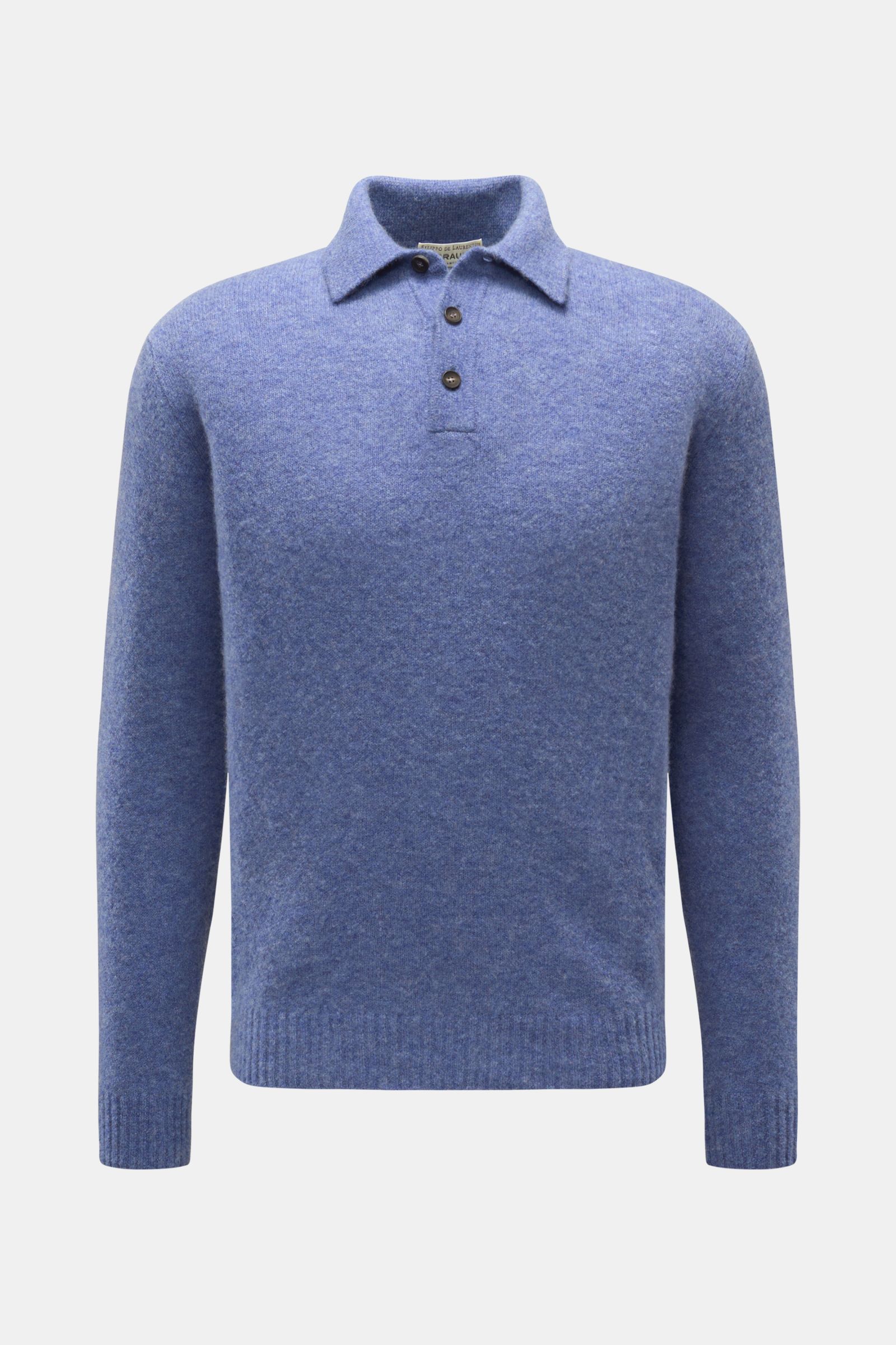 Filippo de Laurentiis Strickpolo rauchblau meliert, Slim Fit, aus Cashmere, Seide, Microfaser, feines Strickbild, Polokragen, 3-Knopf-Leiste, Rippbündchen, frontale Aufnahme.