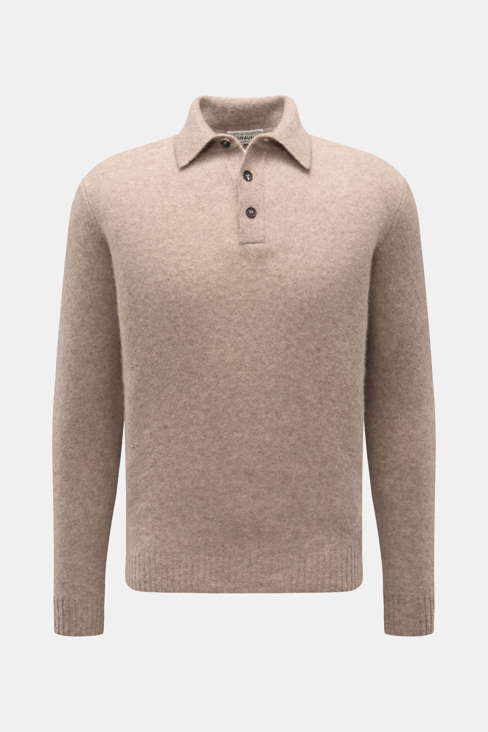 Front view of Filippo de Laurentiis Strickpolo beige meliert, made of cashmere, silk, microfibre, lightweight, voluminous, very soft, fine knit, slim fit, classic polo collar, three-button placket, ribbed cuffs.