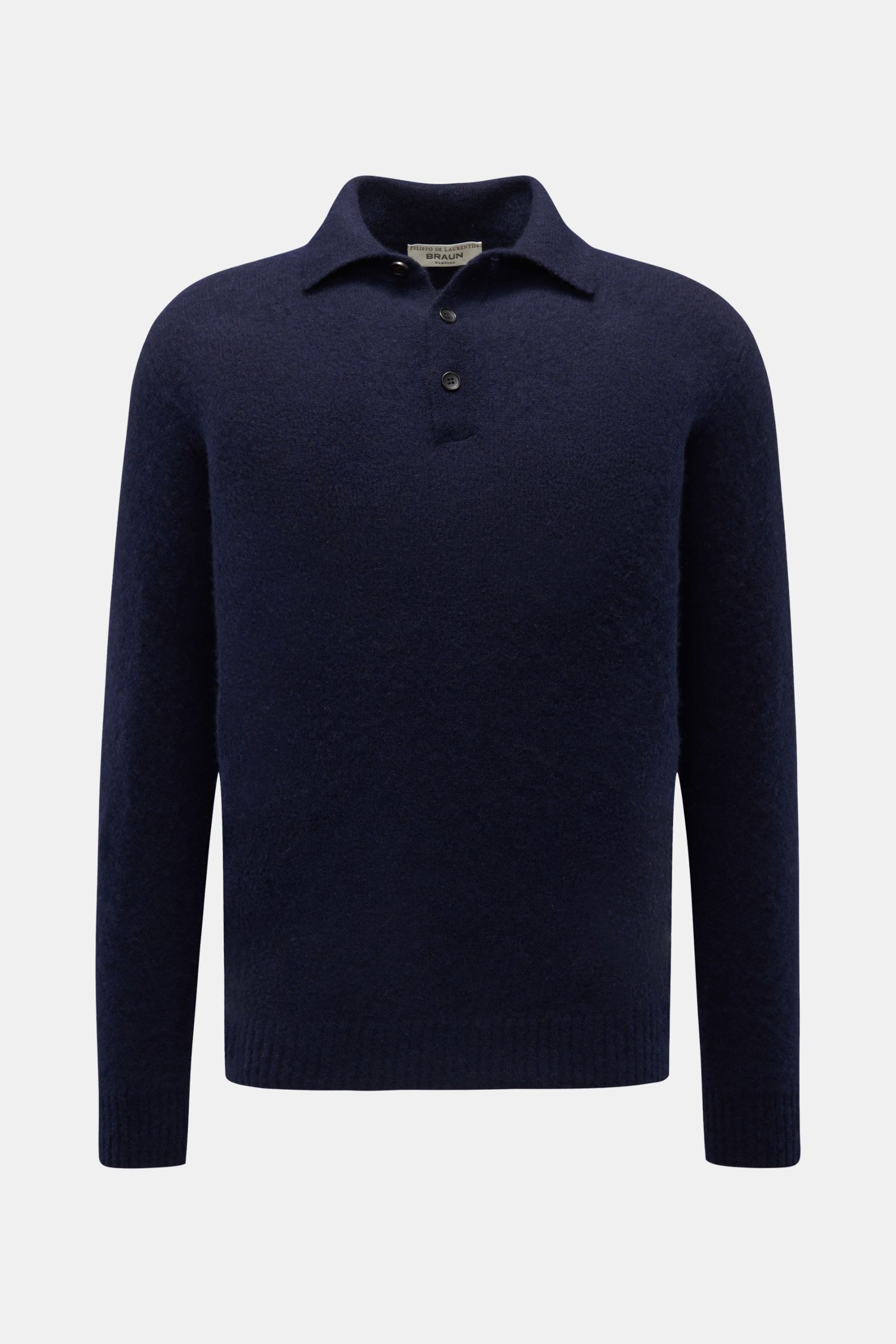 Filippo de Laurentiis Strickpolo navy, frontale Ansicht, Slim Fit, Strick aus Cashmere, Seide, Microfaser, weicher Griff, feines Strickbild, Polokragen, Drei-Knopf-Leiste, Rippbündchen.