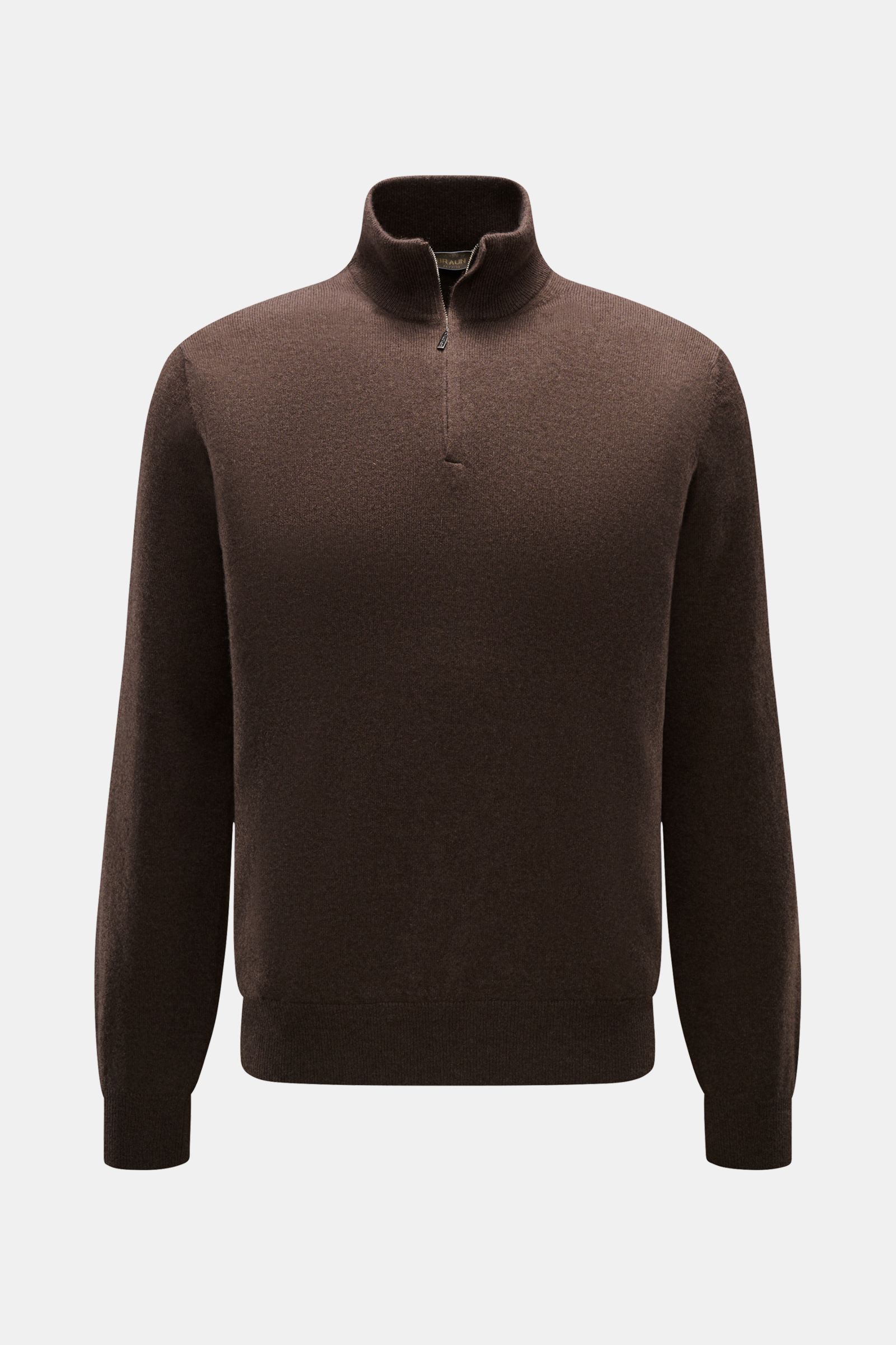 Cruciani Cashmere Troyer braun, Slim Fit, feines Strickbild, Troyer-Kragen mit Zipper, elastische Bündchen, Vorderansicht, reiner Cashmere, geschmeidiger Griff.