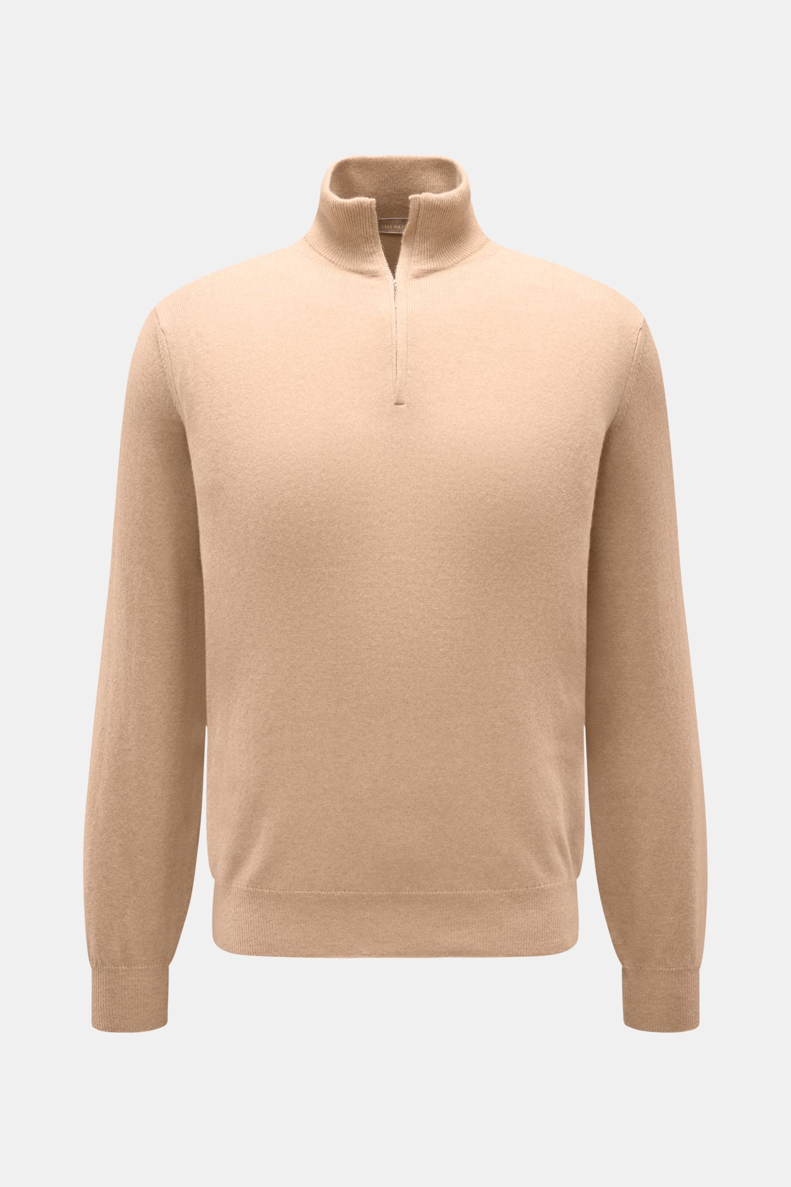 Front view of Cruciani Cashmere half-zip jumper beige, classic lightweight slim fit with half-zip collar, elasticated rib knit bands.

Description: CRUCIANI has used the finest soft cashmere yarn to create a classic lightweight half-zip jumper that is 