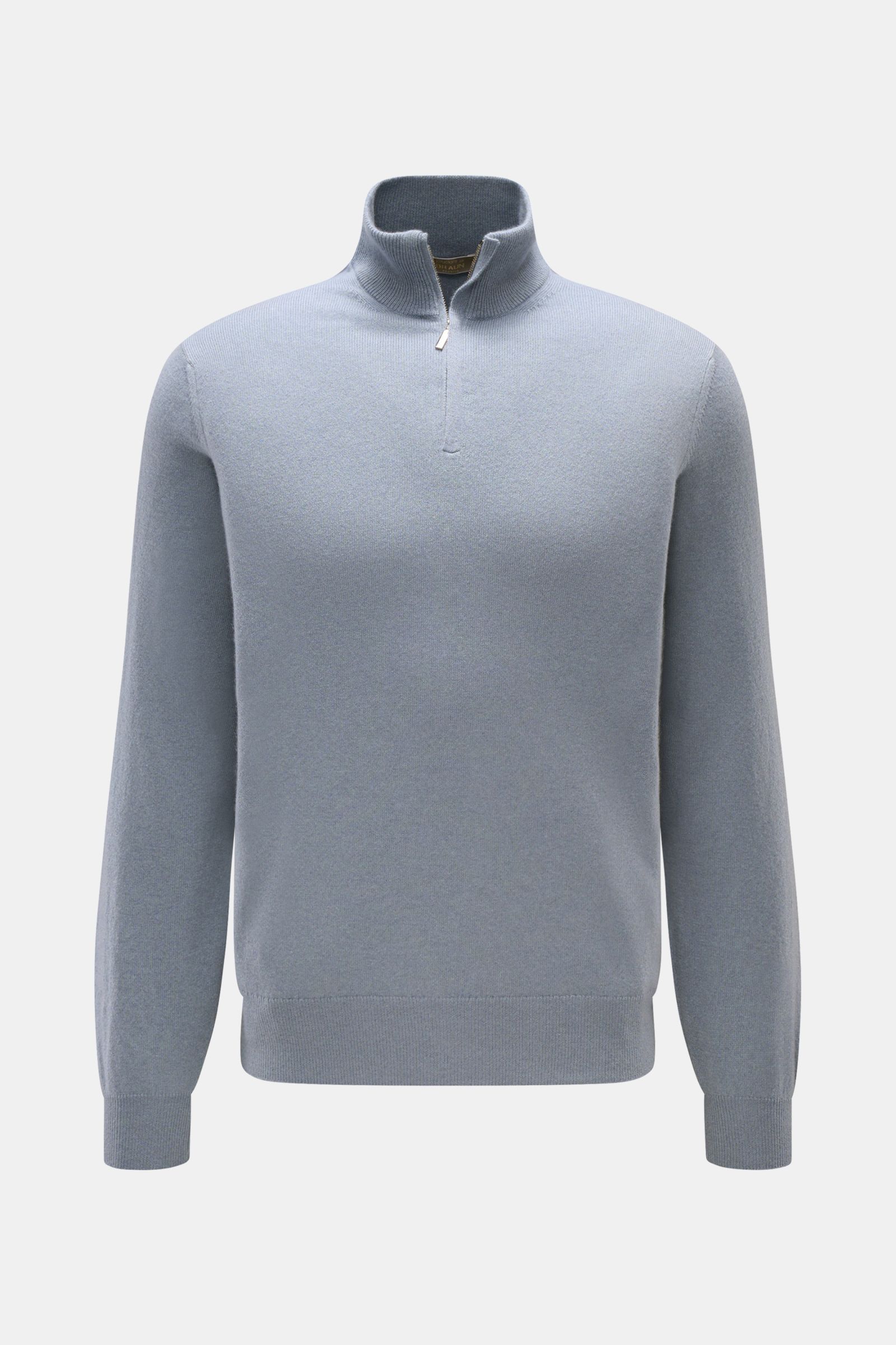 Cruciani Cashmere Troyer rauchblau, slim fit, feines Strickbild, Troyer-Kragen mit Zipper, elastische Rippstrickbündchen, Frontansicht.