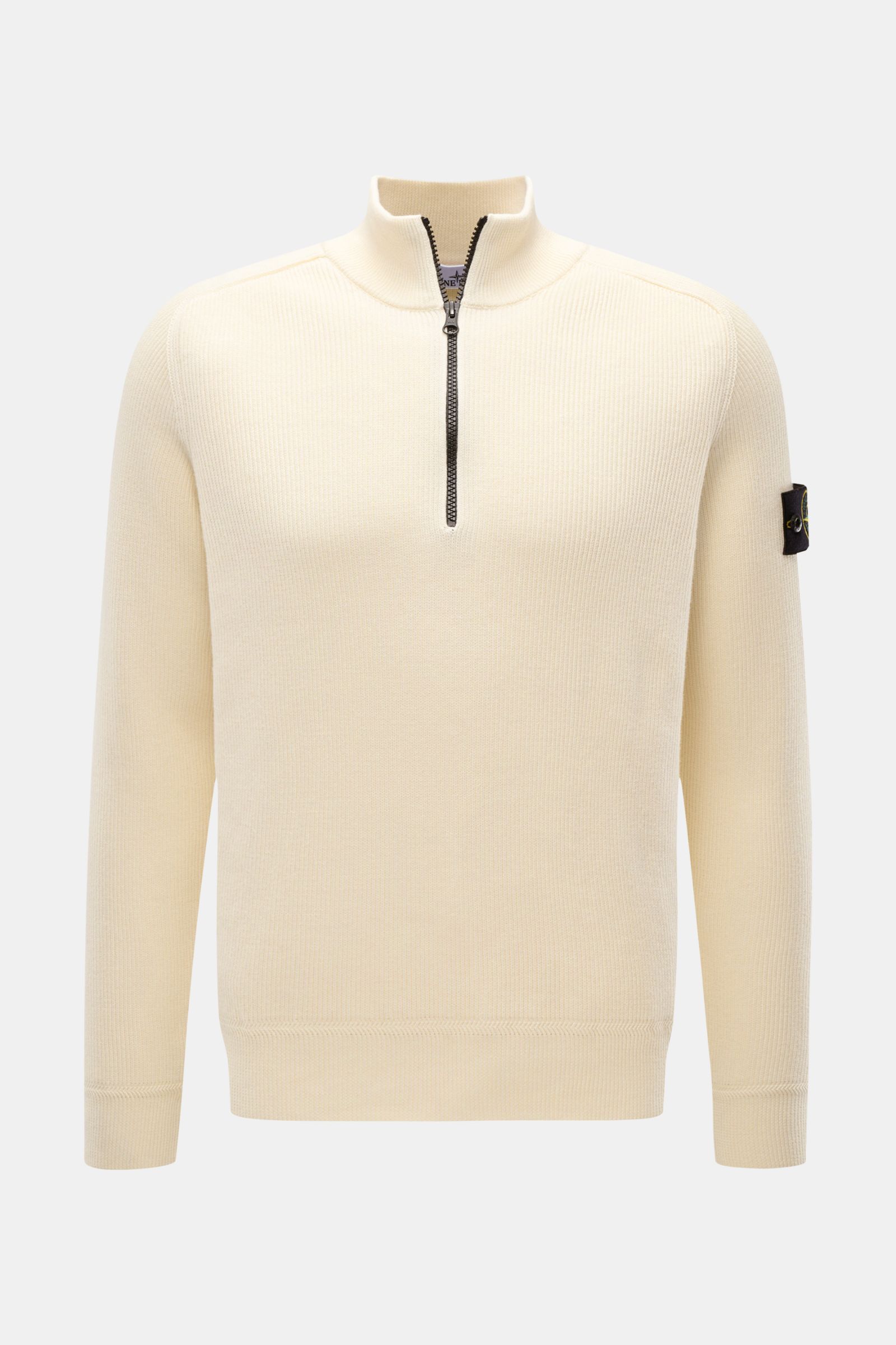Stone Island Troyer pastellgelb aus Baumwollstrick mit halbem Reißverschluss, Raglanärmeln und Kompass-Badge, Frontalansicht.