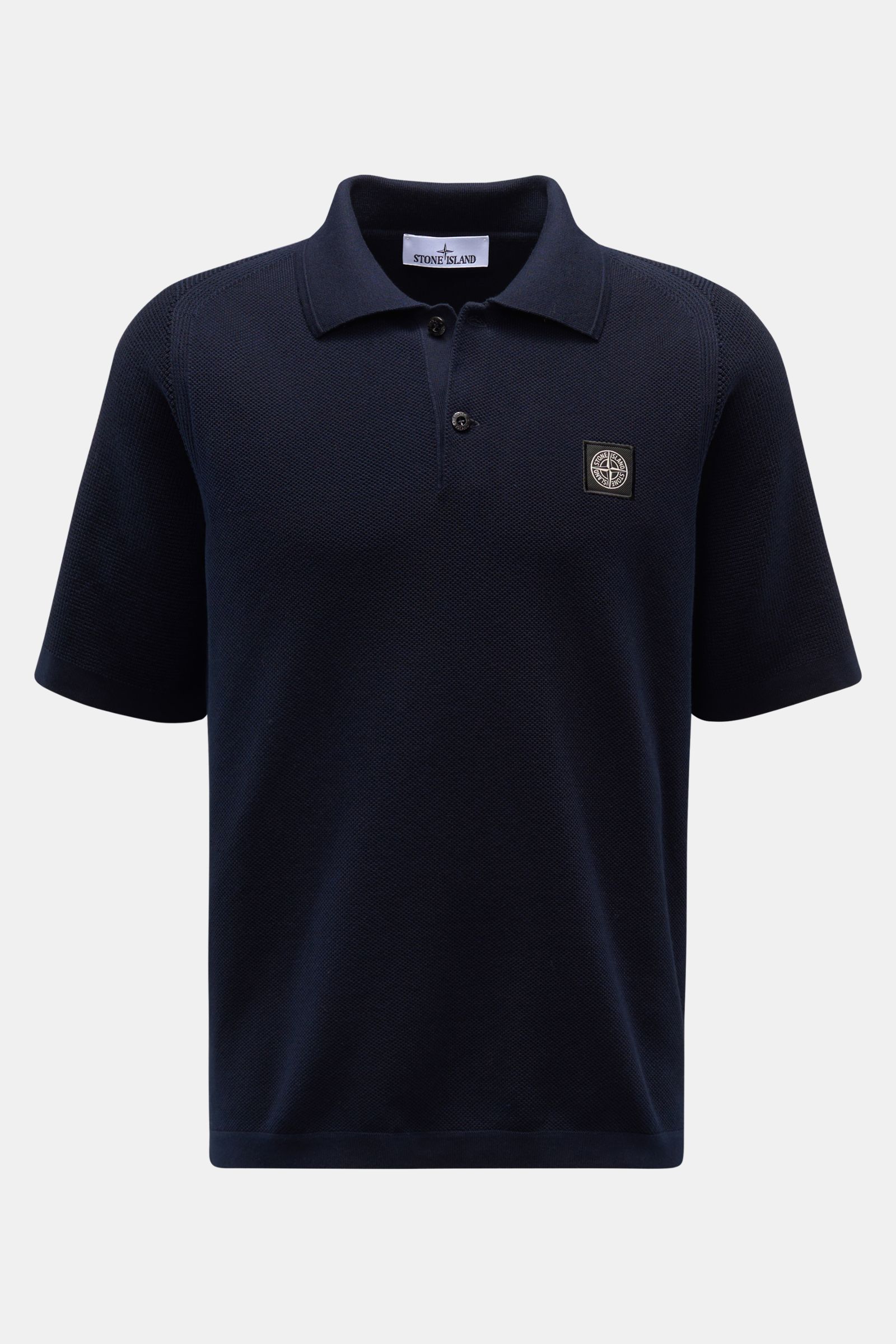 Stone Island Kurzarm-Strickpolo navy in Frontansicht, reine Baumwolle, feiner Piqué-Mix, Polokragen, Knopfleiste, Weblabel, Regular Fit.