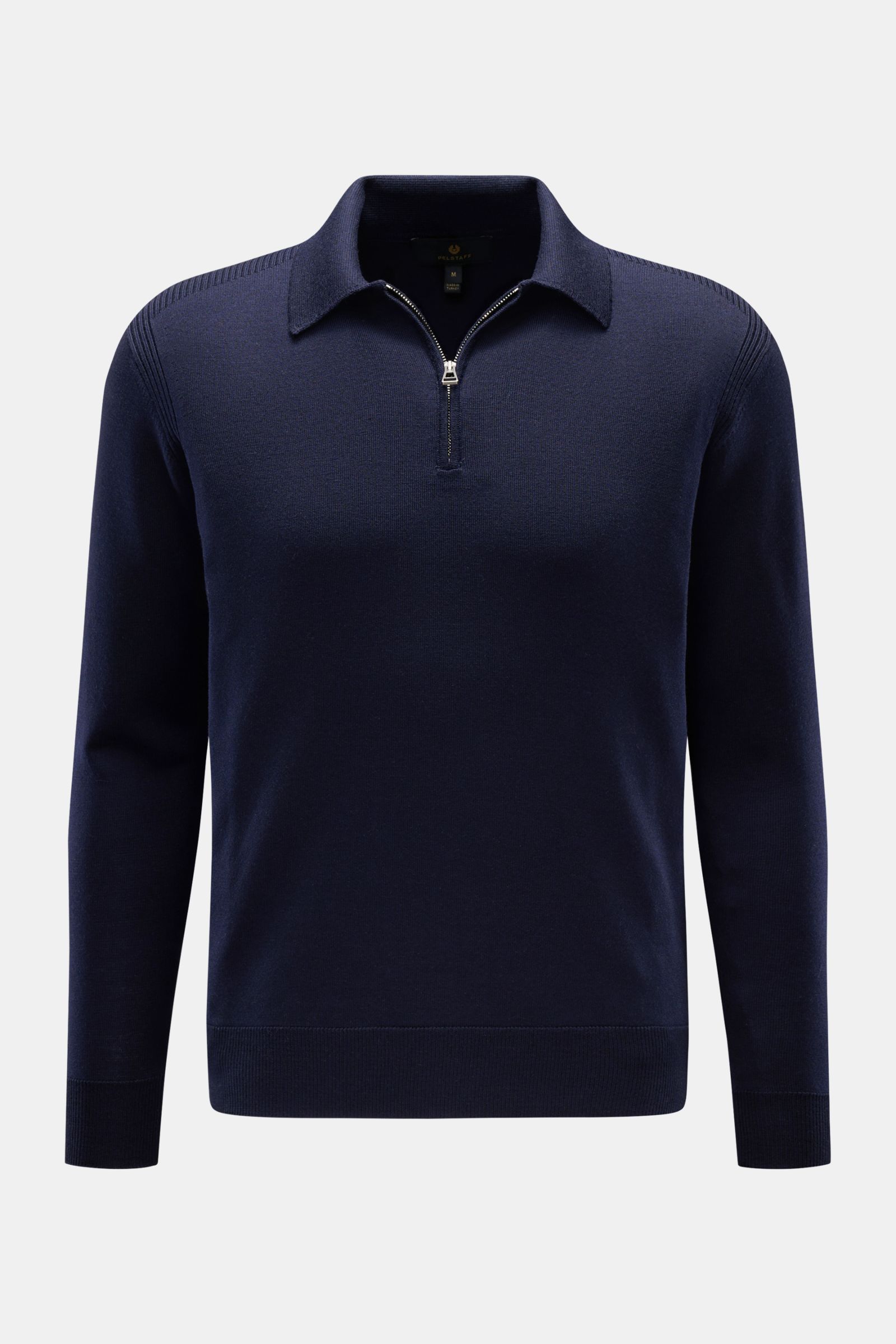 Front view of Belstaff Knit polo 'Kyle' navy in pure wool with a slim fit, zip polo collar, woven sleeve label, ribbed bands, and fine knit texture. Polo look meets fine wool: Stylish casual looks are effortless with this knit polo by BELSTAFF. Pure wool,