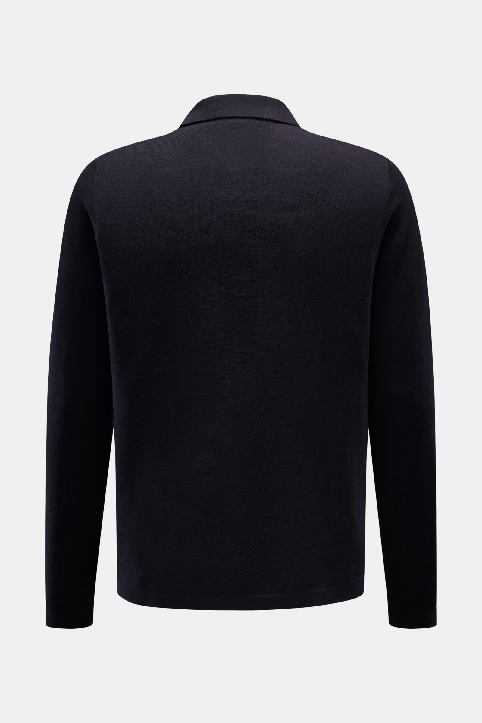 Back view of 04651/ A trip in a bag Knit polo 'Johnny' navy in pure wool with narrow collar and ribbed bands, regular fit.

Description: 
Stylish comfort: This knit polo by 04651/ A TRIP IN A BAG in comfortable pure wool material is a versatile favouri