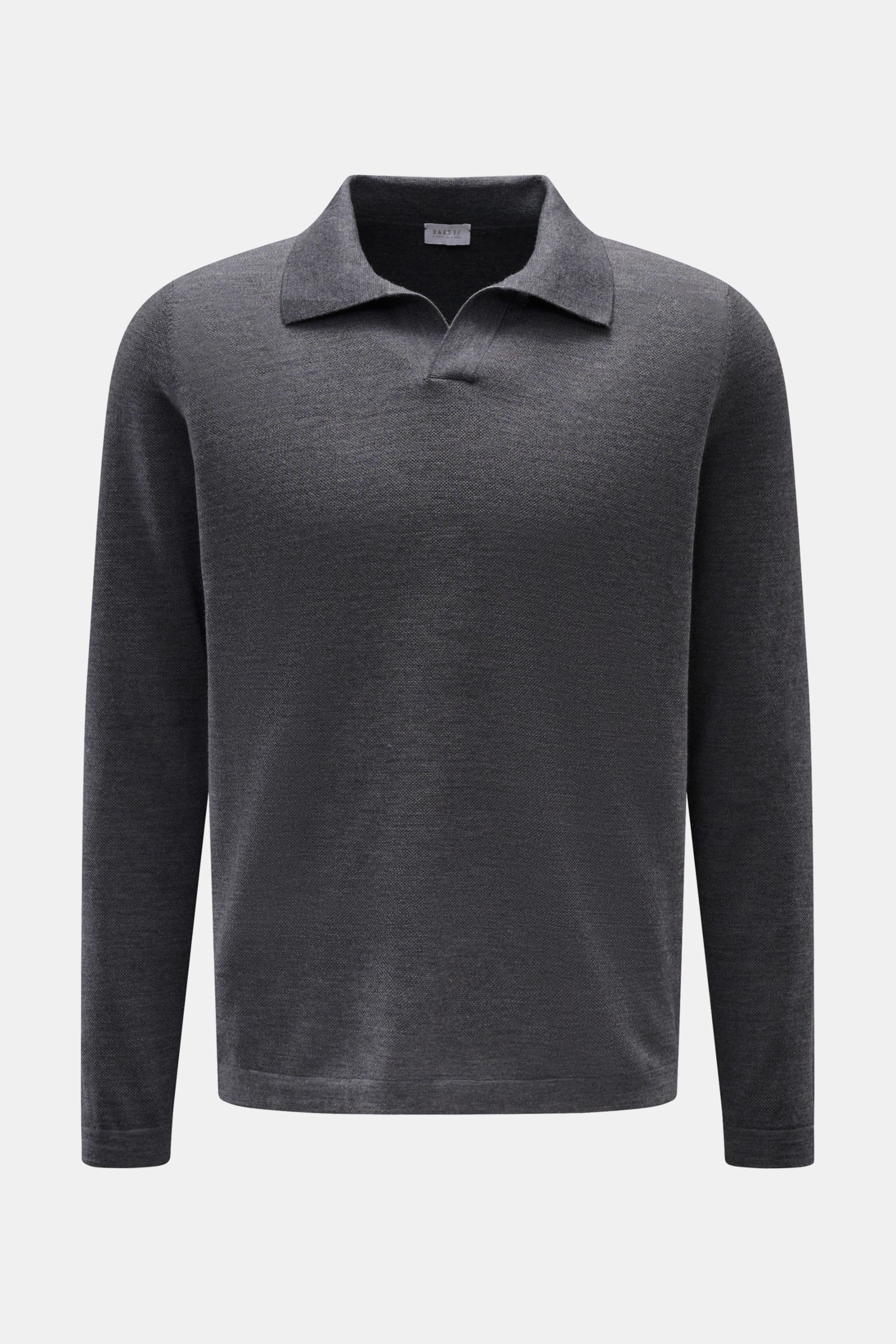 Front view of 04651/ A trip in a bag Knit polo 'Johnny' dark grey in fine knit pure wool, featuring a narrow collar with open placket, regular fit, soft feel, and ribbed bands, styled for autumn and winter.

Description:
Stylish comfort: This knit polo