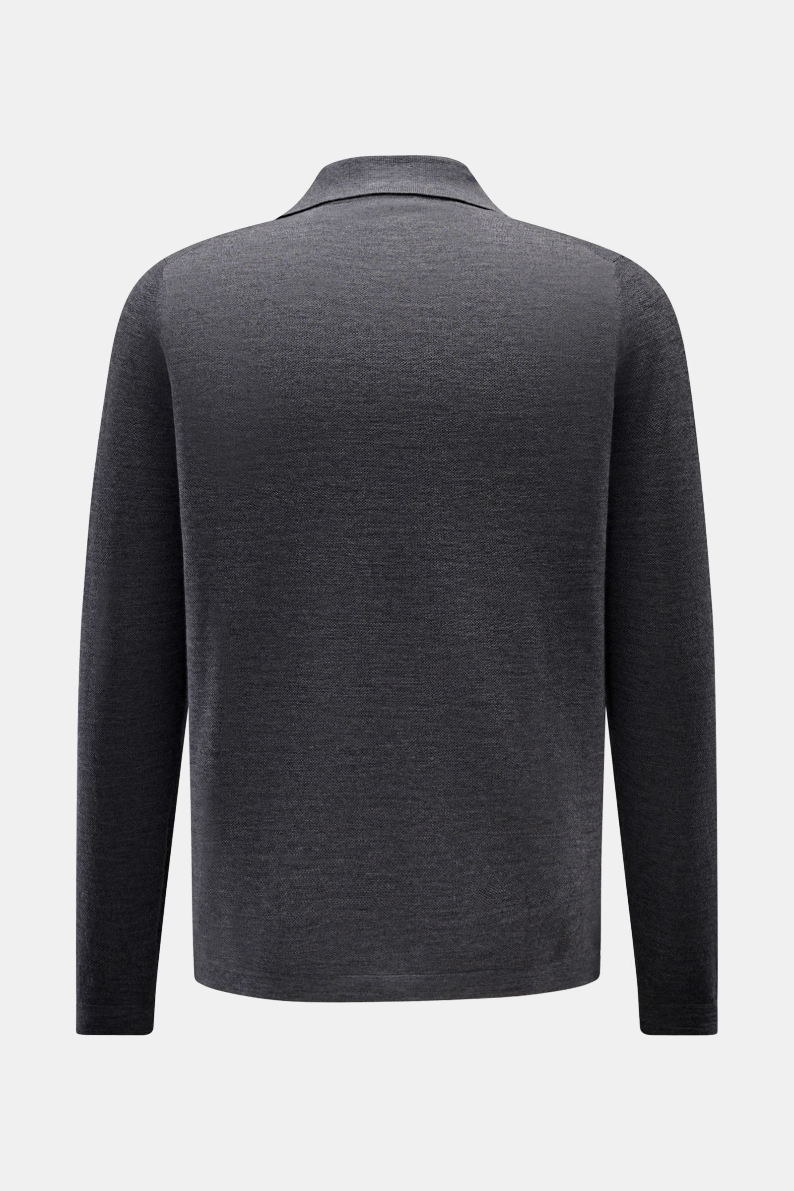 Rear view of 04651/ A trip in a bag Knit polo 'Johnny' dark grey in fine knit pure wool with narrow collar and ribbed bands, regular fit.

Stylish comfort: This knit polo by 04651/ A TRIP IN A BAG in comfortable pure wool material is a versatile favour
