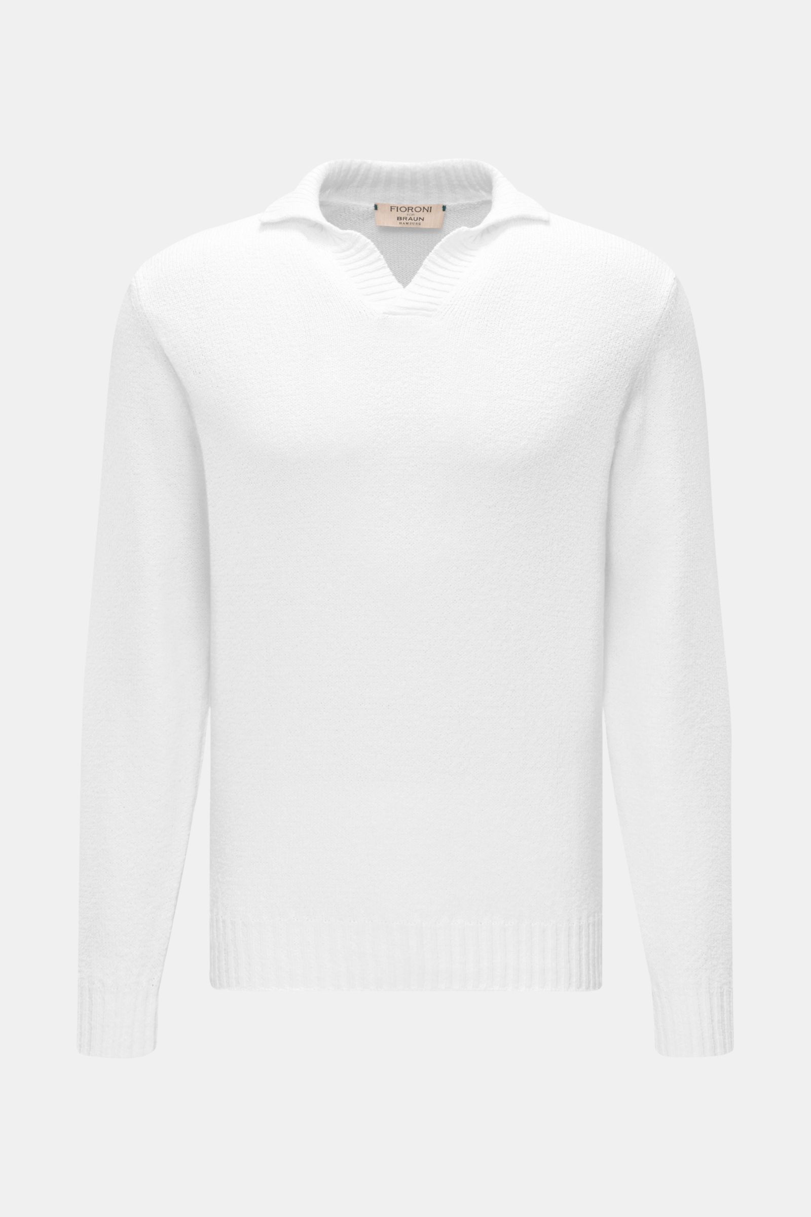 Fioroni V-Neck Pullover weiß, Frontansicht, Slim Fit, mittelfeines Strickbild, halber Stehkragen als V-Neck, weiche reine Baumwolle, flexible Rippbündchen.