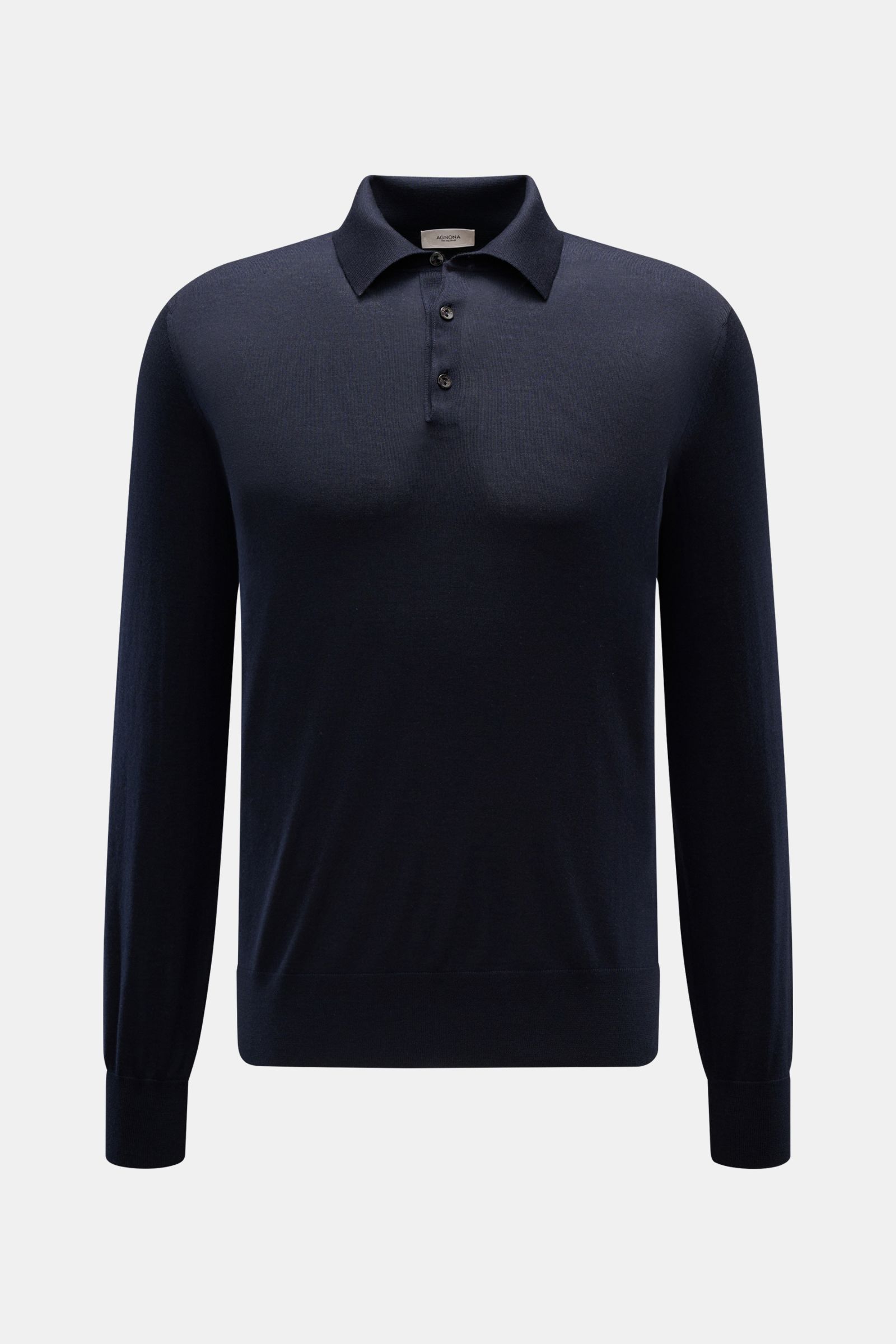 Agnona Strickpolo navy aus reiner Wolle, Slim Fit, feines Strickbild, hochschließender Kragen, Drei-Knopf-Leiste, Rippbündchen, Frontansicht.