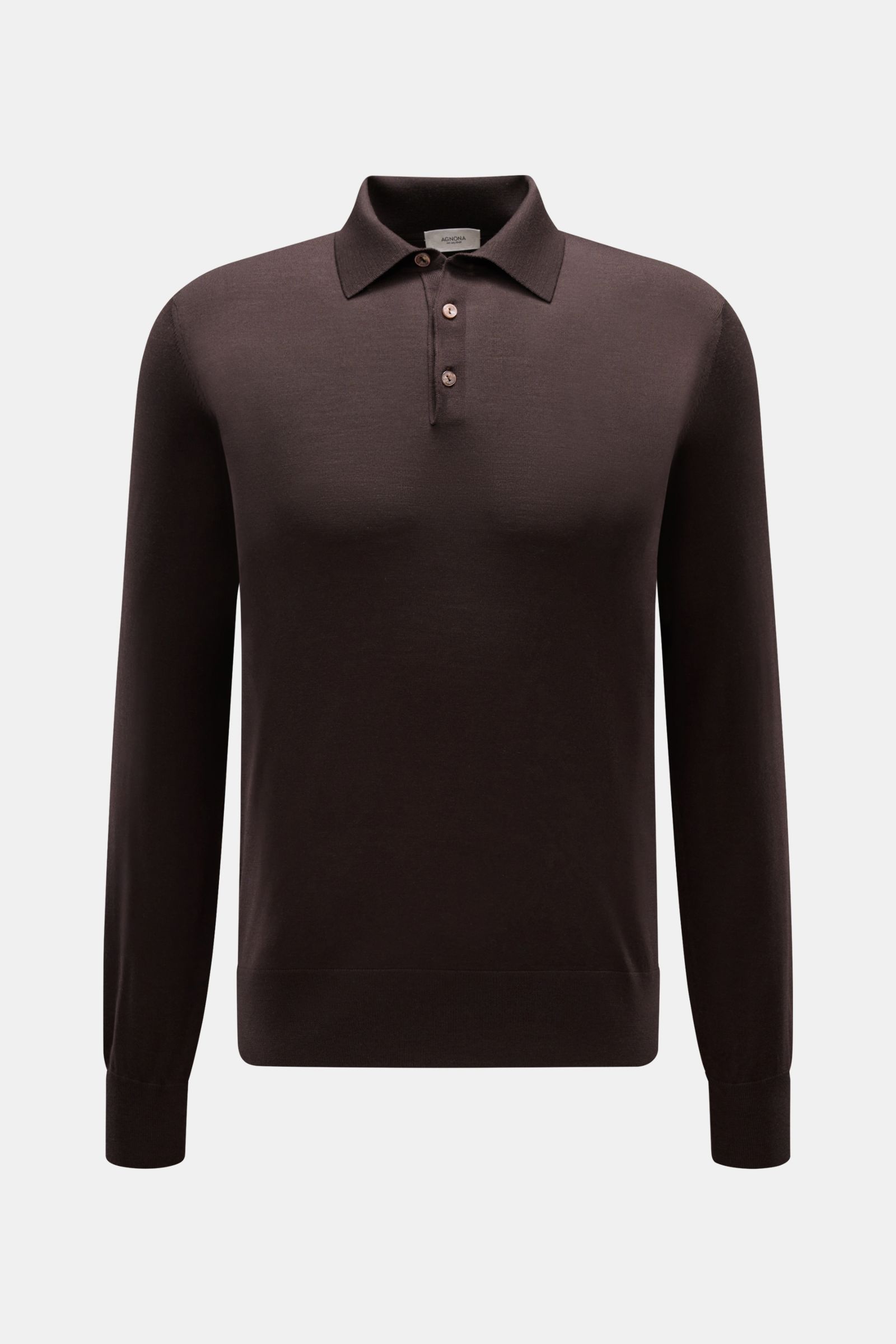Agnona Strickpolo dunkelbraun, slim fit, feines Strickbild, reine Wolle, hoch schließender Kragen mit Drei-Knopf-Leiste, Rippbündchen, Frontalansicht.