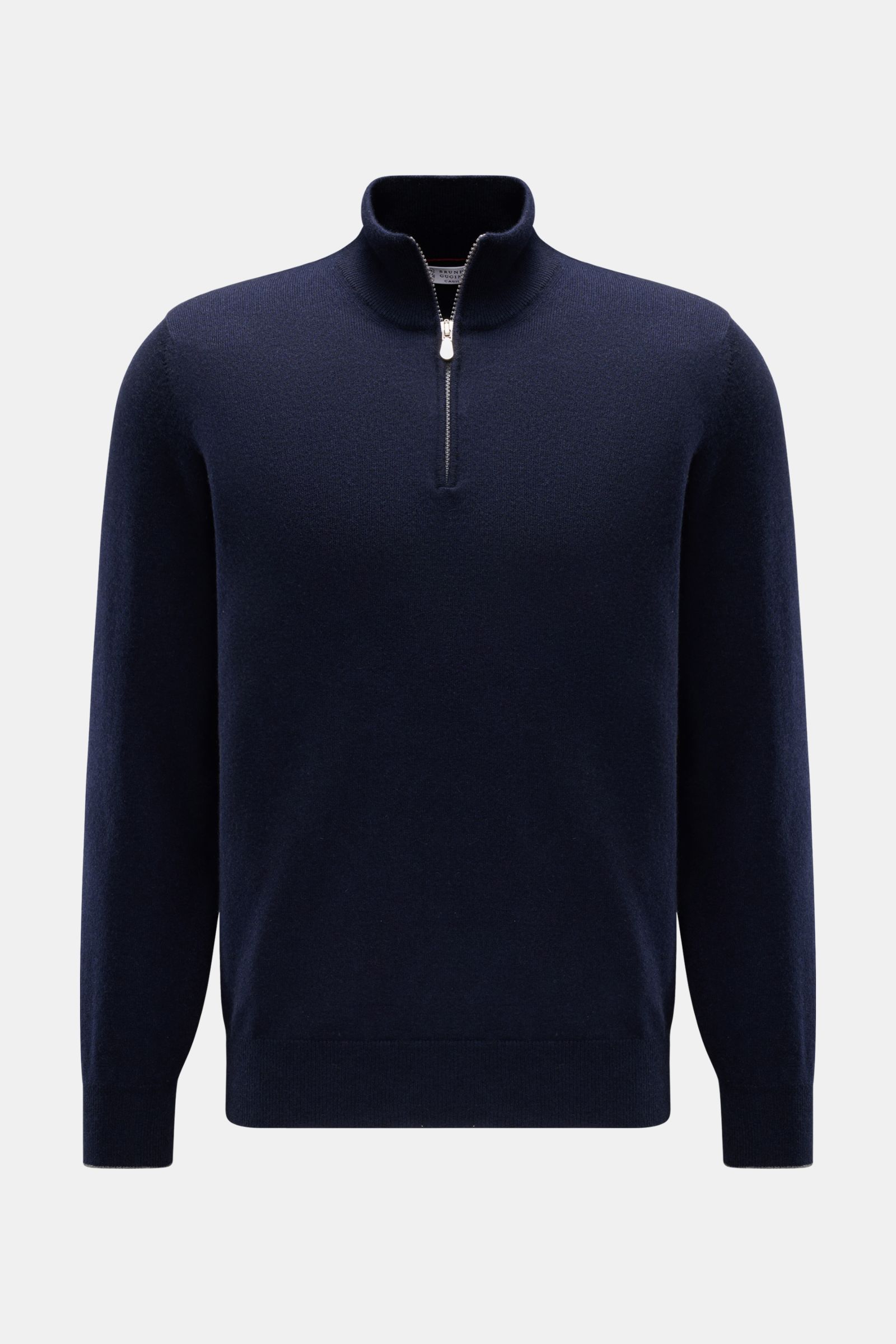 Front view of the Brunello Cucinelli Cashmere Troyer navy, a sportive leisure essential made in Solomeo from pure cashmere with a very soft touch, fine knit pattern, narrow contrast edges, regular fit, Troyer collar with zipper, and flexible ribbed cuffs.