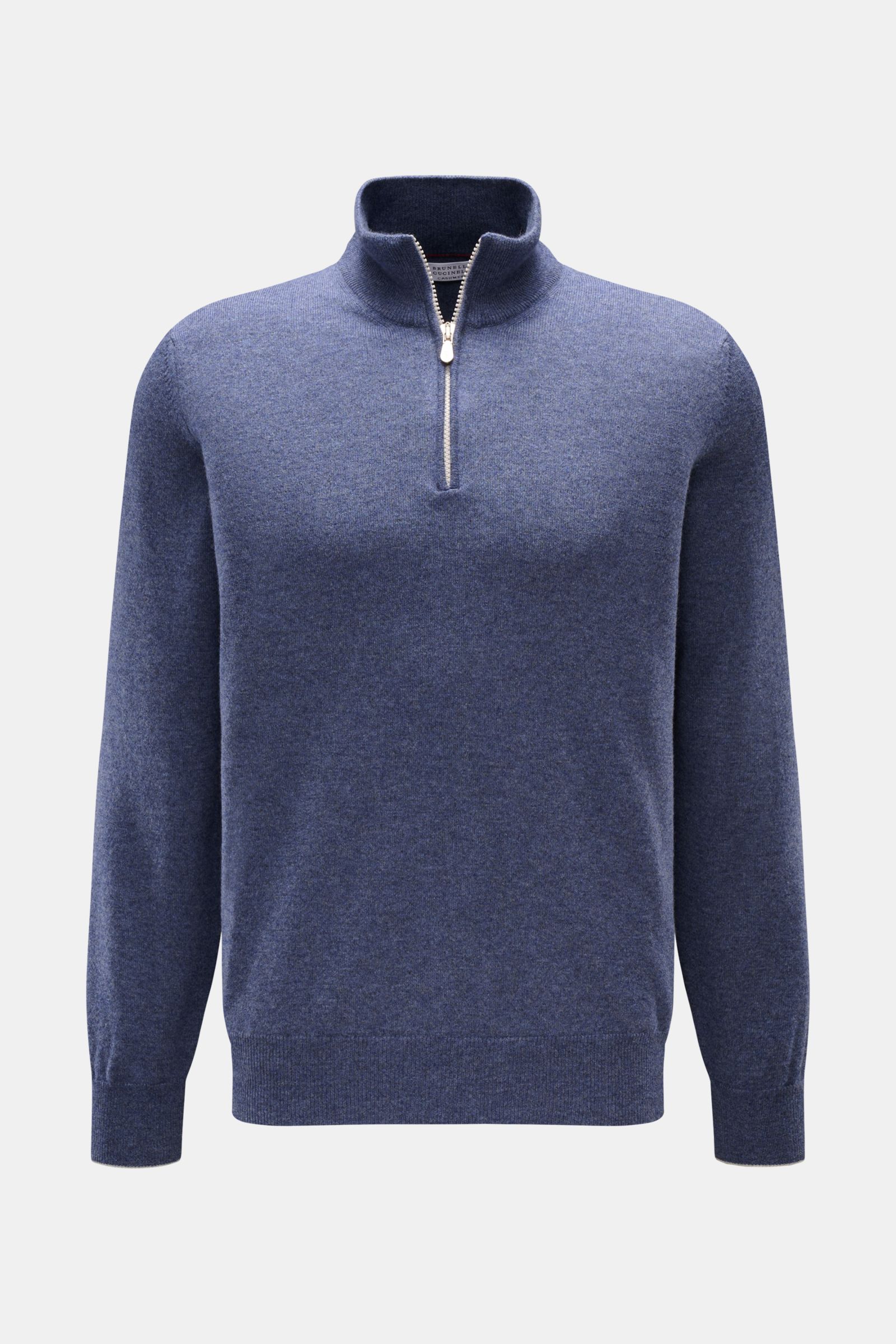 Front view of the Brunello Cucinelli Cashmere Troyer blau meliert, a sportive leisure essential made in Solomeo with pure cashmere, very soft touch, fine knit pattern, slim contrast edges, regular fit, Troyer collar with zipper, and flexible ribbed cuffs.