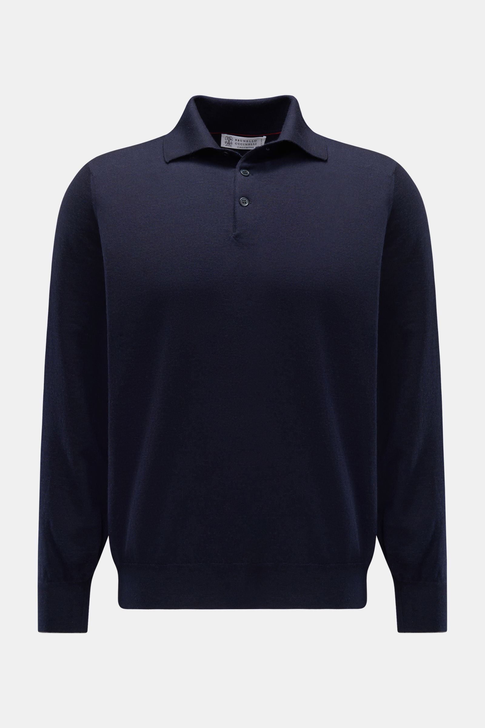 Front view of the Brunello Cucinelli Strickpolo navy, a long-sleeve polo shirt made from a mix of virgin wool and cashmere with a soft touch, fine knit, slim contrast edges, regular fit, classic collar, three-button placket, and flexible ribbed cuffs. 