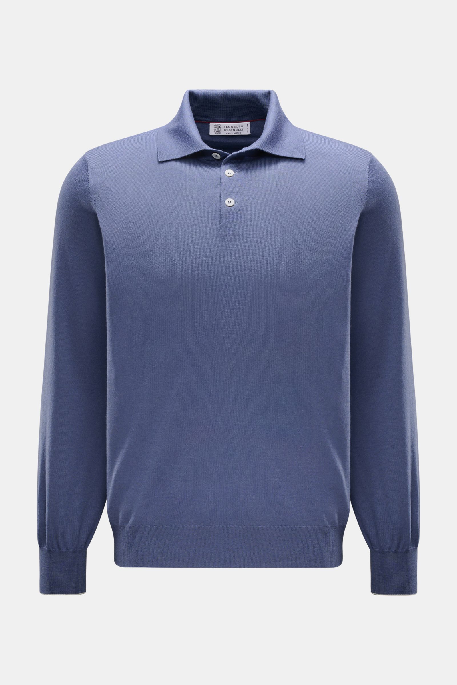 Front view of Brunello Cucinelli Strickpolo blau, a long-sleeve polo shirt in soft blue with a classic collar and three-button placket, made from fine knit wool and cashmere blend.

Luxus, den Sie sofort spüren: Dieses zeitlose Poloshirt von BRUNELLO C