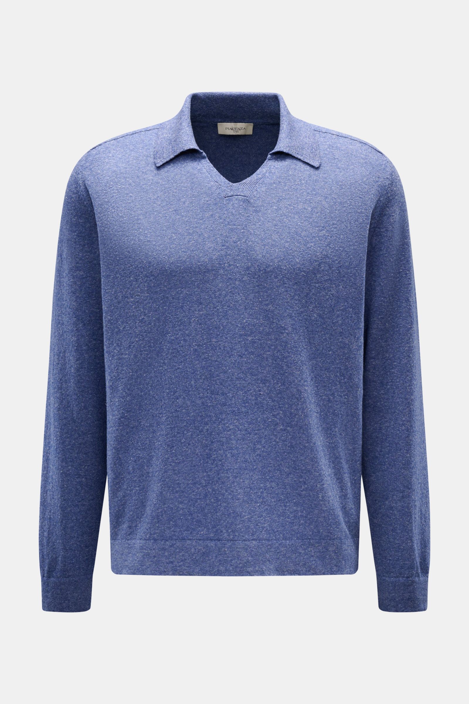 Piacenza 1733 Strickpolo rauchblau meliert, Frontansicht, Oversized Fit, klassischer Polokragen, offene Kragenleiste, weicher Griff, feines Strickbild.