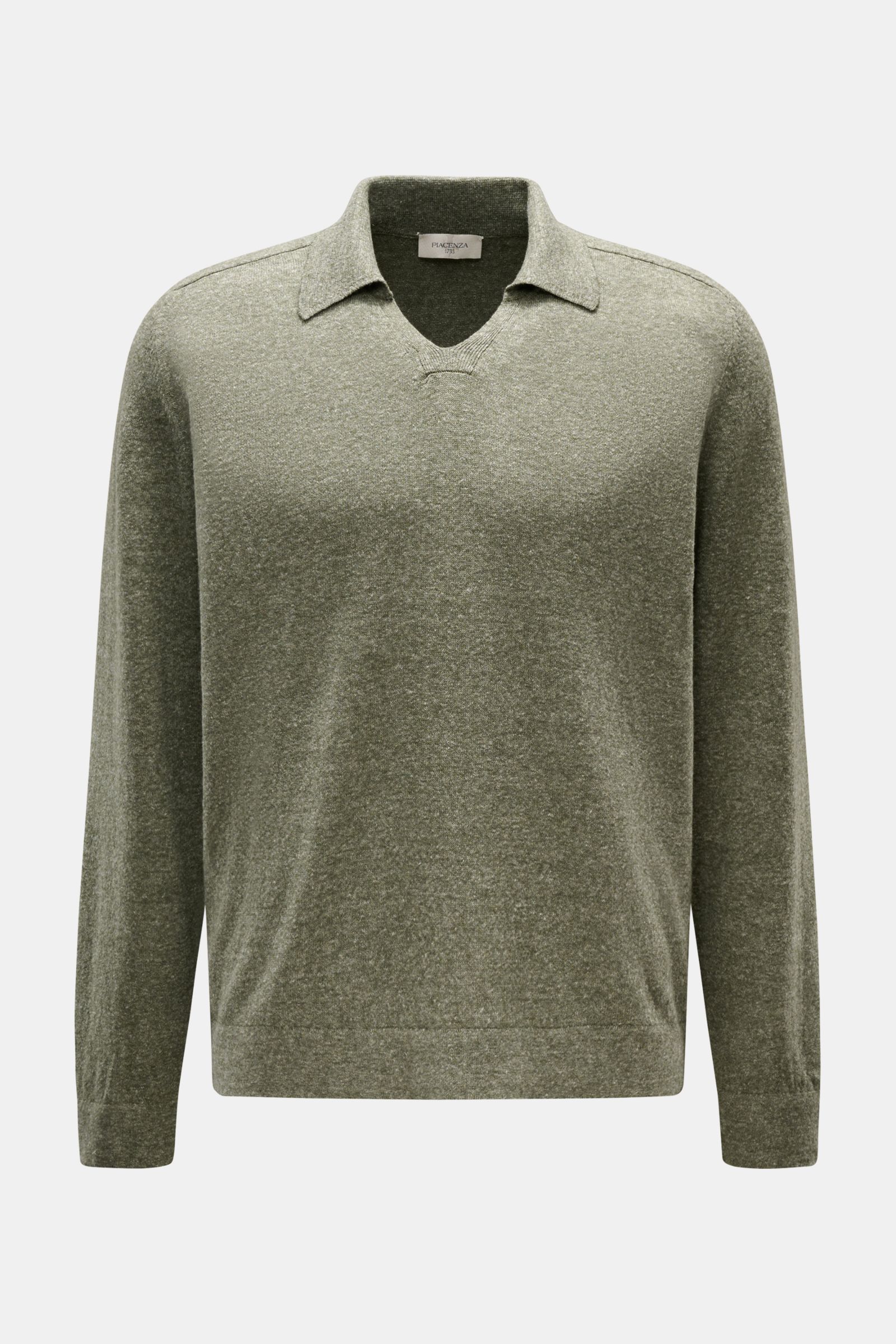 Piacenza 1733 Strickpolo dunkelgrün meliert, frontal fotografiert, Oversized Fit, klassischer Polokragen, offene Kragenleiste, weicher Cashmere-Leinen-Mix, feines Strickbild, Rippbündchen.
