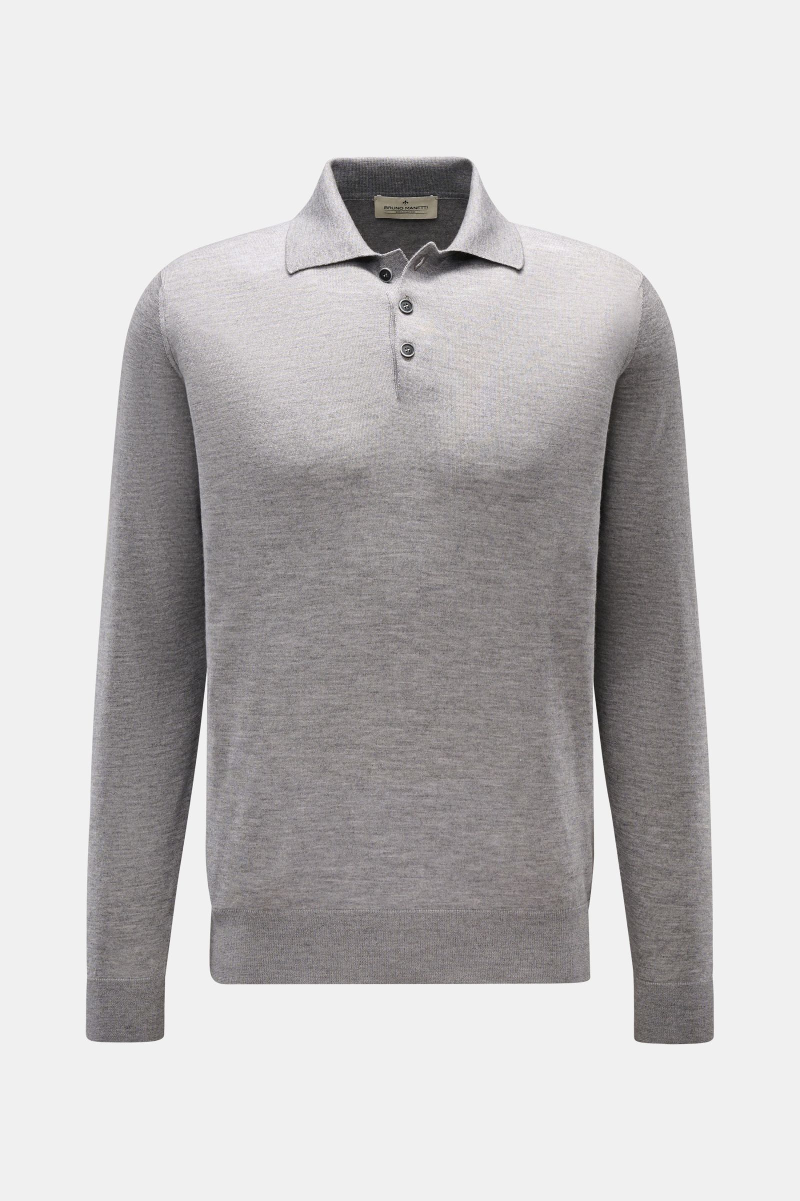 Bruno Manetti Strickpolo grau meliert, Slim Fit, aus weichem Cashmere-Seiden-Mix mit gestricktem Polokragen, Drei-Knopf-Leiste, Rippbündchen, frontale Ansicht.