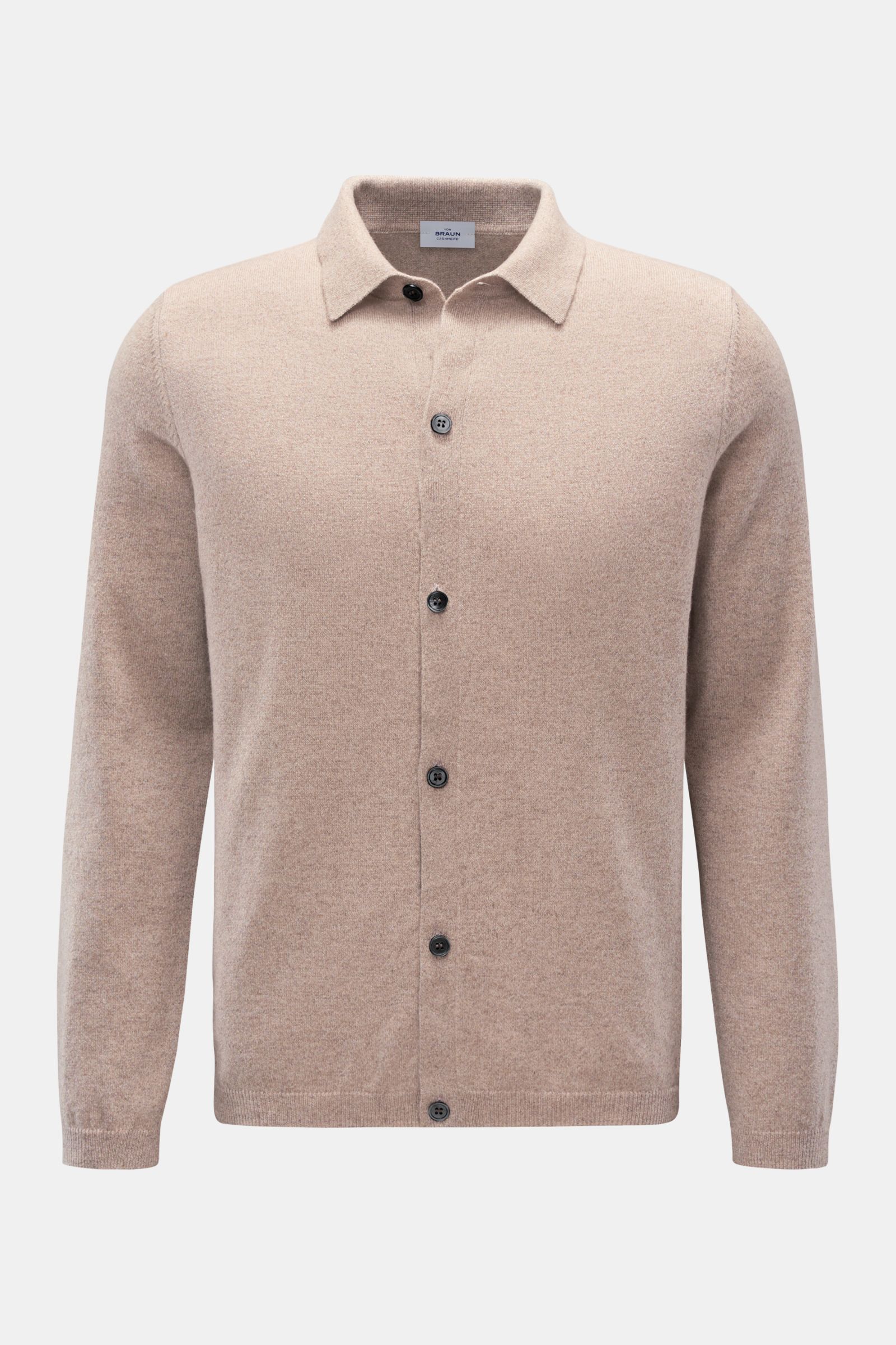 Front view of von Braun Cashmere knit shirt beige, a slim fit, fine knit shirt with classic collar and button placket.

Luxurious winter essential: This VON BRAUN knit shirt in the finest Mongolian cashmere has a timeless design that offers versatility