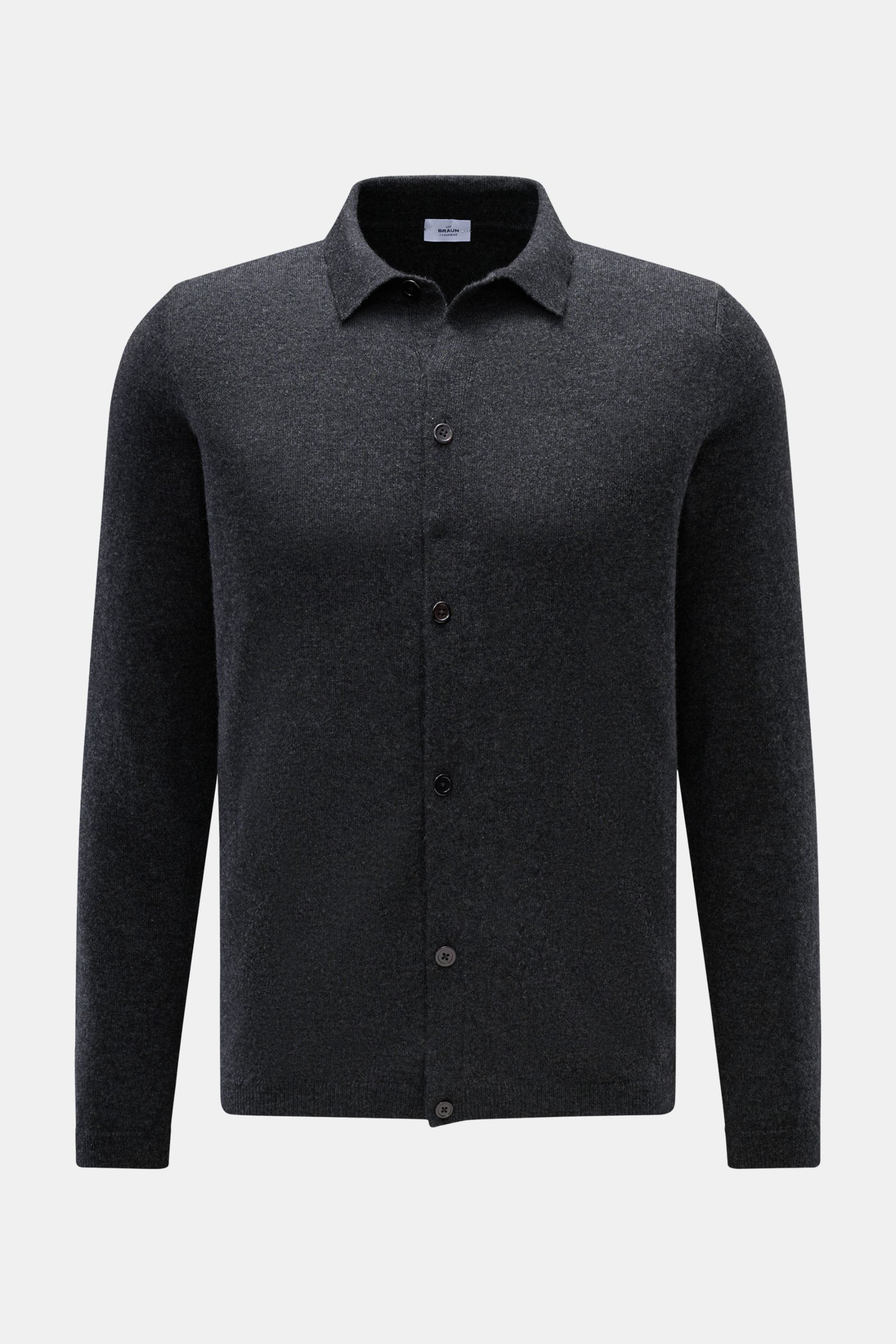 von Braun Cashmere Strickhemd dunkelgrau meliert, Slim Fit, feines Strickbild, klassischer Umlegekragen, glatte Knopfleiste, Rippbündchen, Frontansicht, reiner mongolischer Cashmere, sehr weich, luxuriöses Winter-Essential.