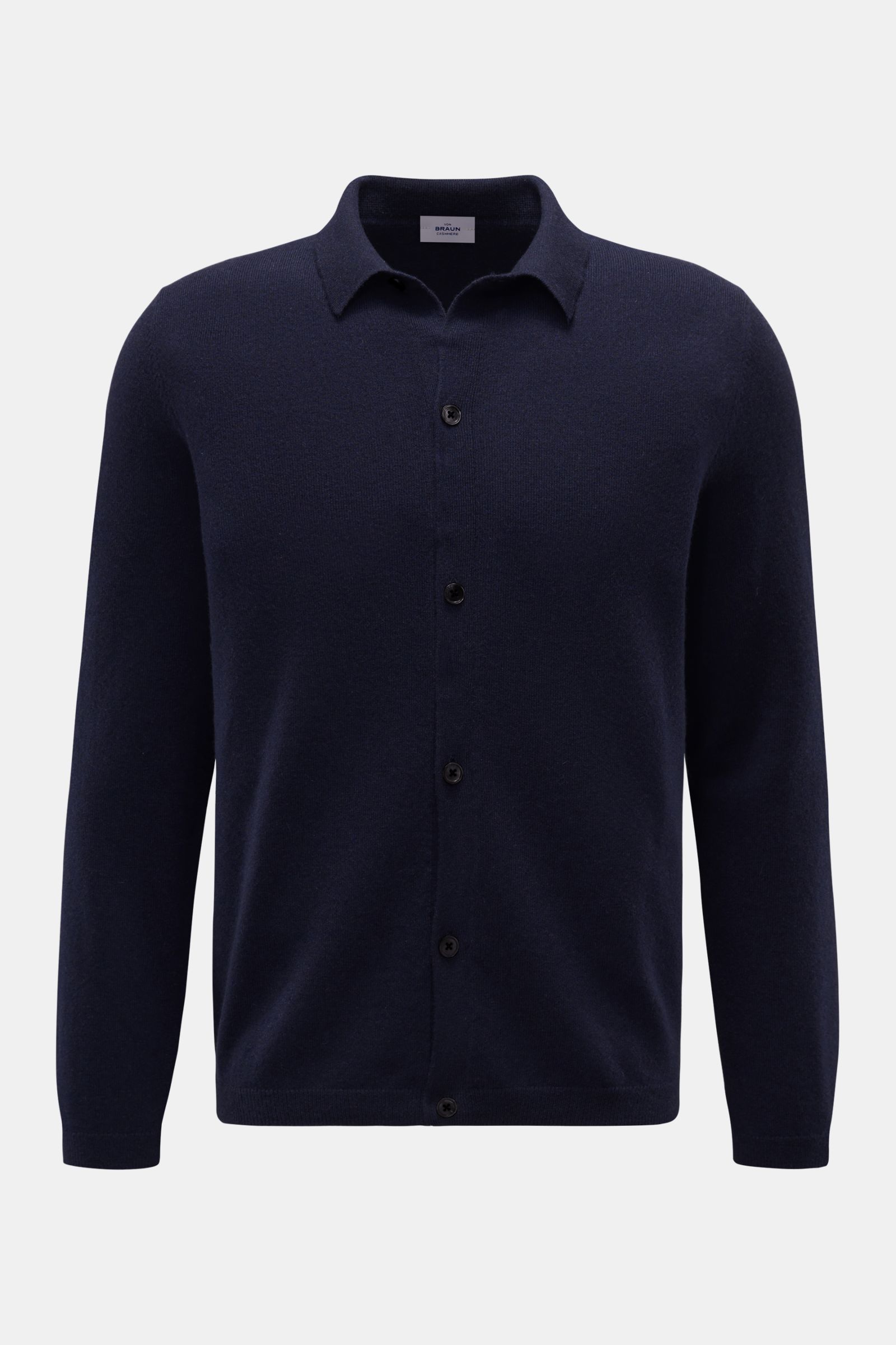 von Braun Cashmere Strickhemd navy, frontal fotografiert, Slim Fit, reiner Cashmere, weicher Griff, klassischer Umlegekragen, glatte Knopfleiste, komfortable Rippbündchen, feines Strickbild, luxuriöses Winter-Essential.