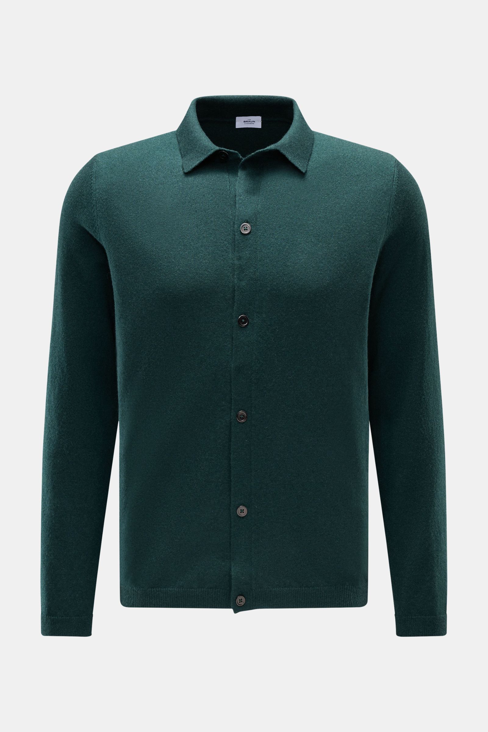 Vorderansicht des von Braun Cashmere Strickhemd dunkelgrün, Slim Fit mit Umlegekragen, glatter Knopfleiste, Rippbündchen, feinem Strickbild aus reinem mongolischem Cashmere.