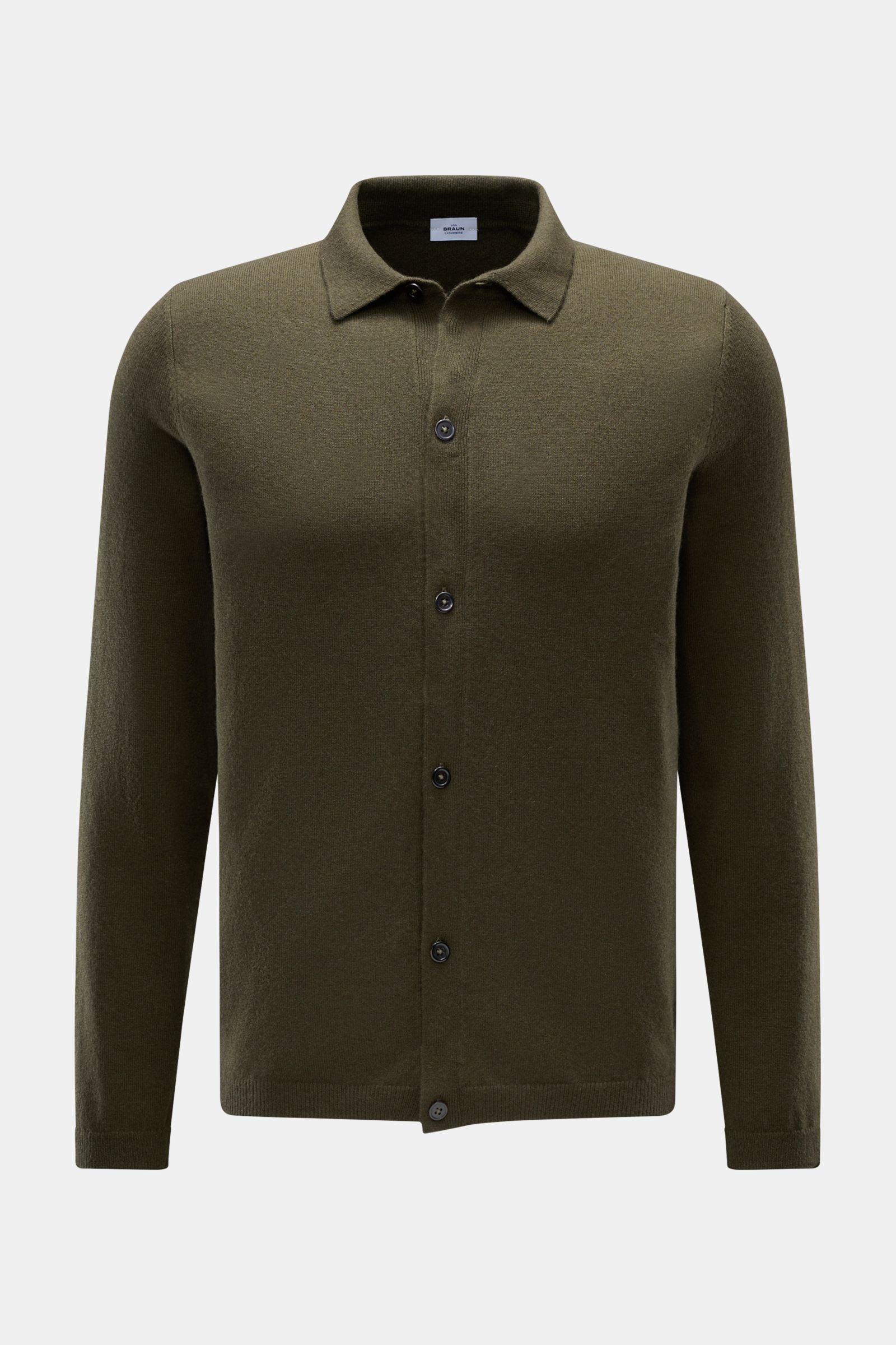 Front view of von Braun Cashmere knit shirt dark olive, slim fit with classic collar, button placket, and ribbed bands.

Luxurious winter essential: This VON BRAUN knit shirt in the finest Mongolian cashmere has a timeless design that offers versatil