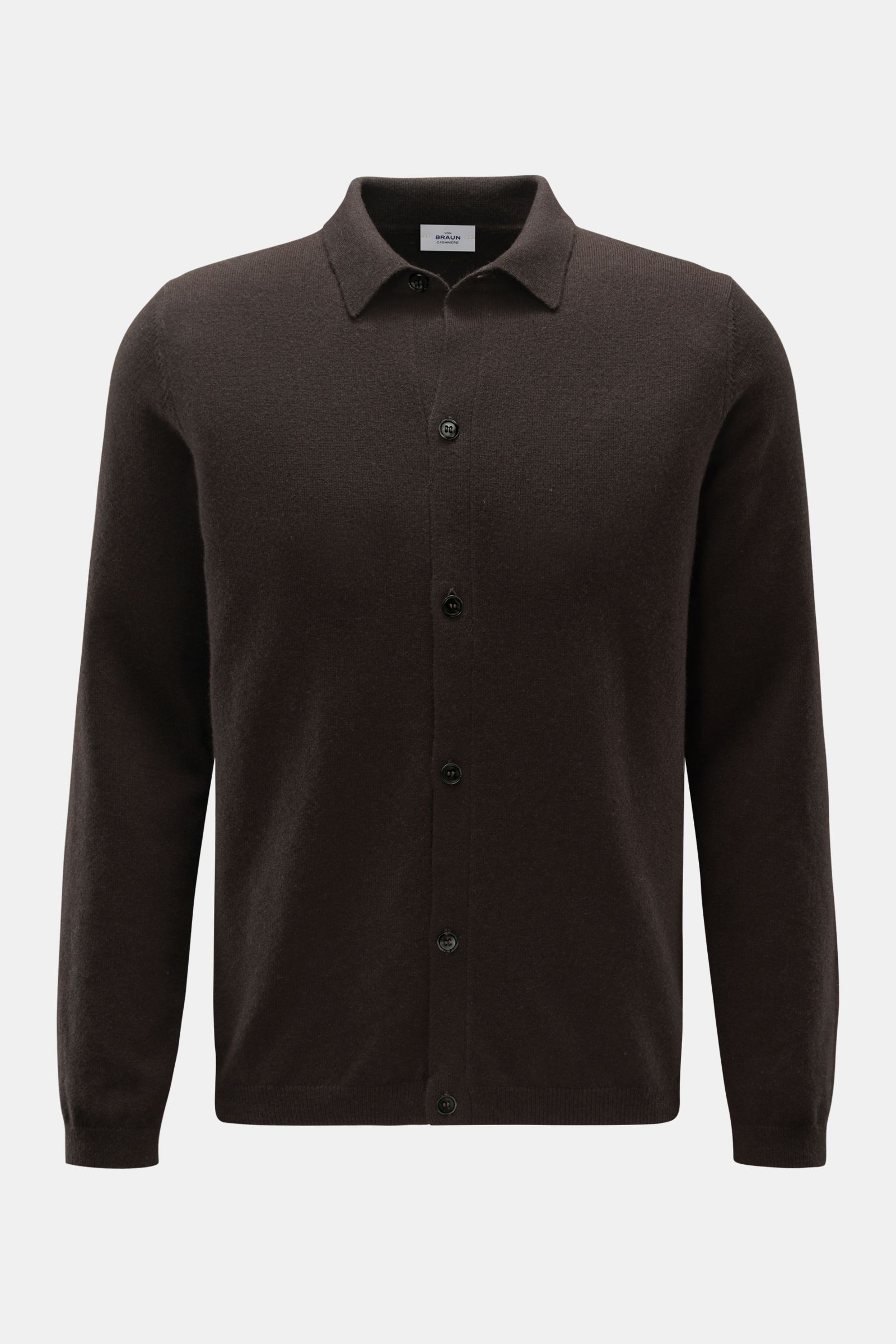 von Braun Cashmere Strickhemd dunkelbraun, frontal fotografiert, Slim Fit, reiner Cashmere, weicher Griff, feines Strickbild, Umlegekragen, Knopfleiste, Rippbündchen.