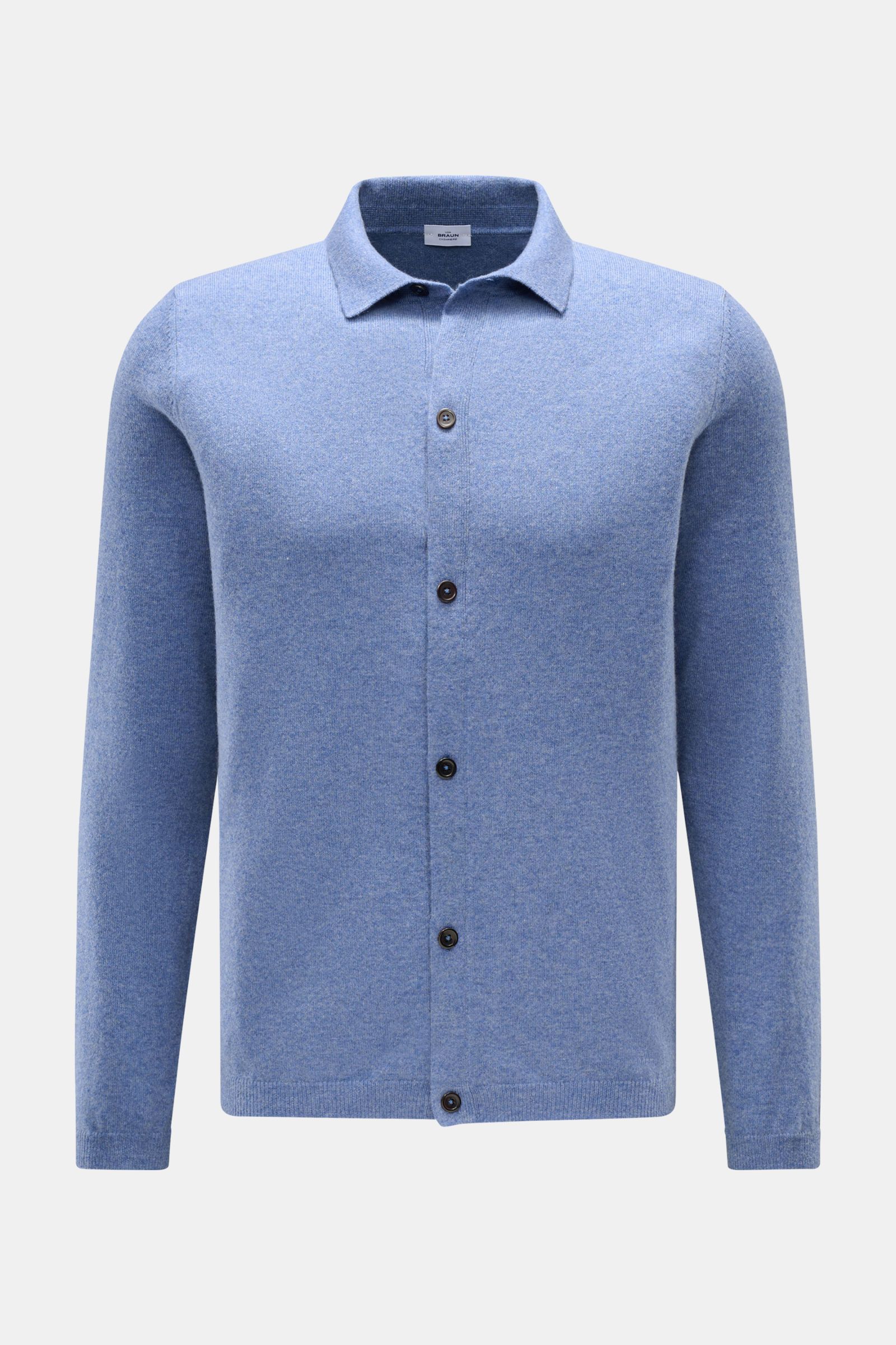 von Braun Cashmere Strickhemd blau meliert, Slim Fit, aus feinstem mongolischem Cashmere, glatte Knopfleiste, klassischer Umlegekragen, Rippbündchen, Frontansicht
