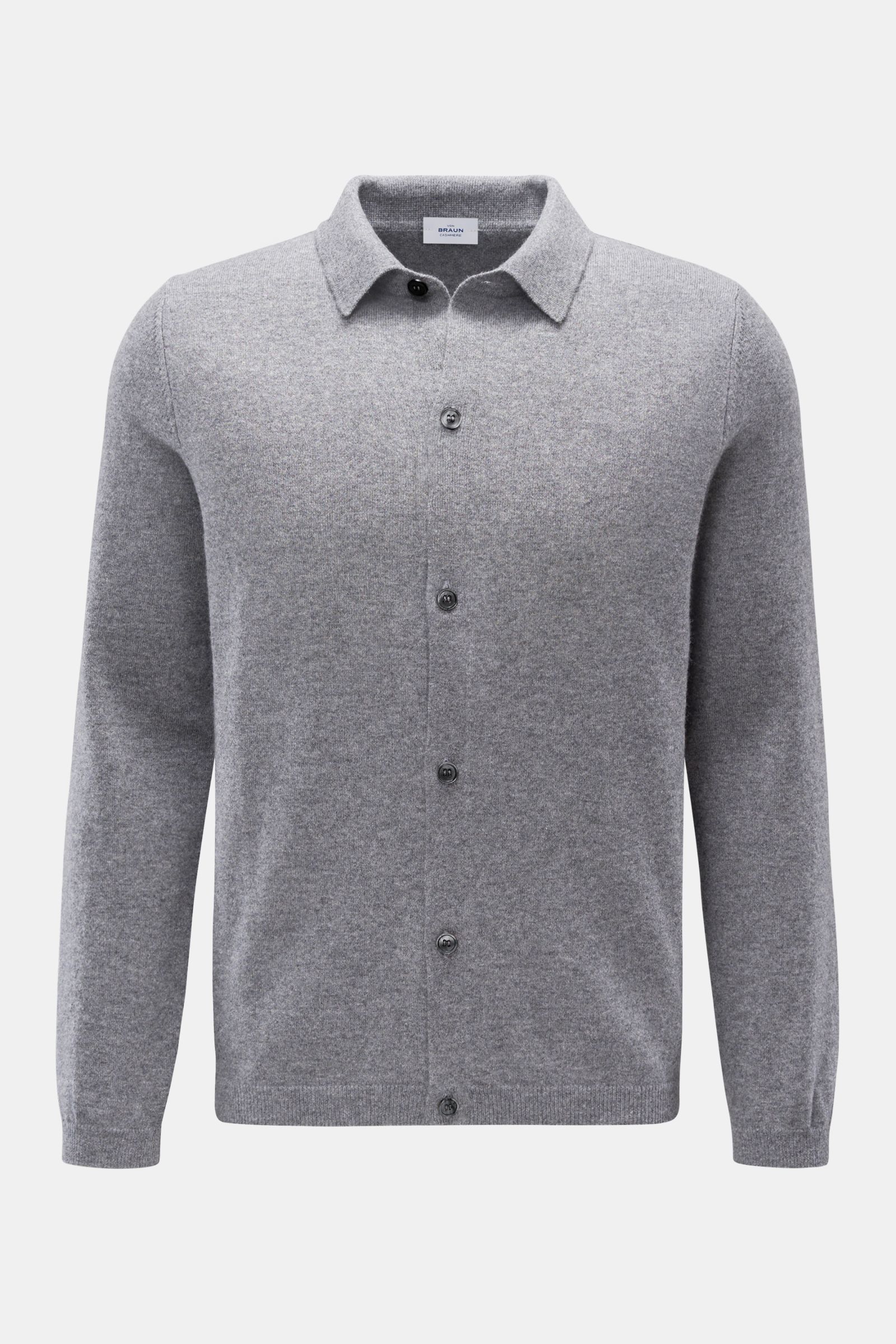 Front view of von Braun Cashmere knit shirt grey melange in fine Mongolian cashmere with slim fit, button placket, turn-down collar, and ribbed bands.

Luxurious winter essential: This VON BRAUN knit shirt in the finest Mongolian cashmere has a timeles