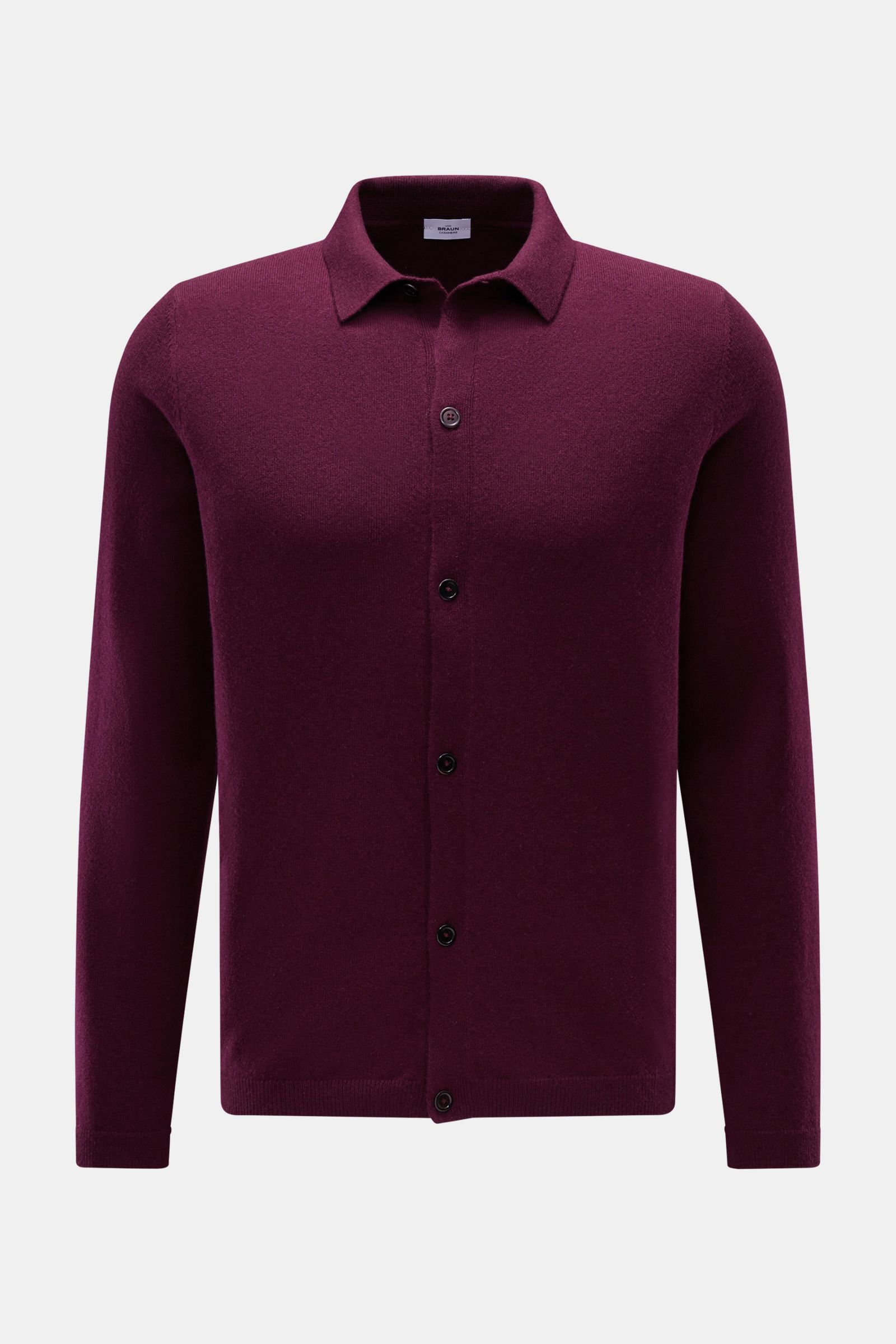 Front view of the von Braun Cashmere knit shirt burgundy, a slim fit, fine knit button-up with a classic turn-down collar.

Description: 
Luxurious winter essential: This VON BRAUN knit shirt in the finest Mongolian cashmere has a timeless design that 