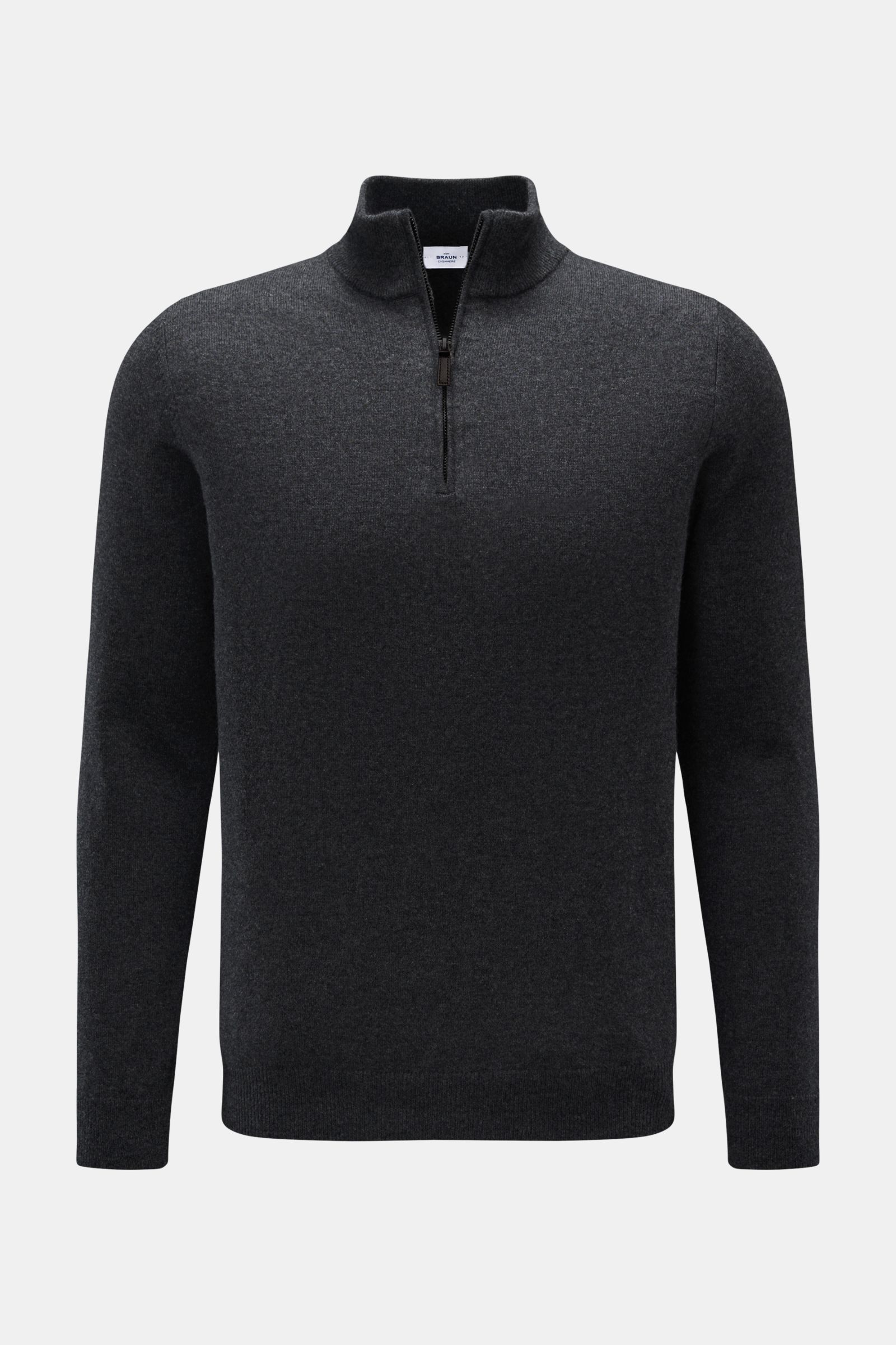 von Braun Cashmere Troyer dunkelgrau meliert, Slim Fit, feines Strickbild, Troyerkragen mit Zipper, aus Mongolei-Cashmere, Frontansicht, sehr weich, Rippbündchen
