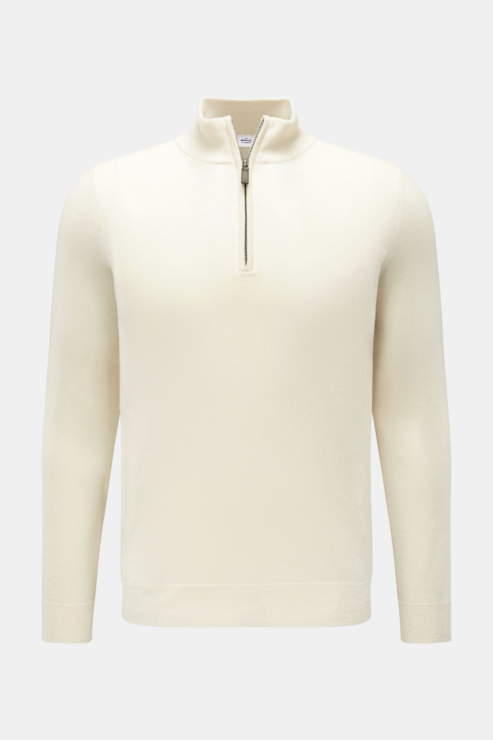 von Braun Cashmere Troyer creme, Slim Fit, feines Strickbild, Troyerkragen mit Zipper, weicher Griff, flexible Rippbündchen, Frontansicht.