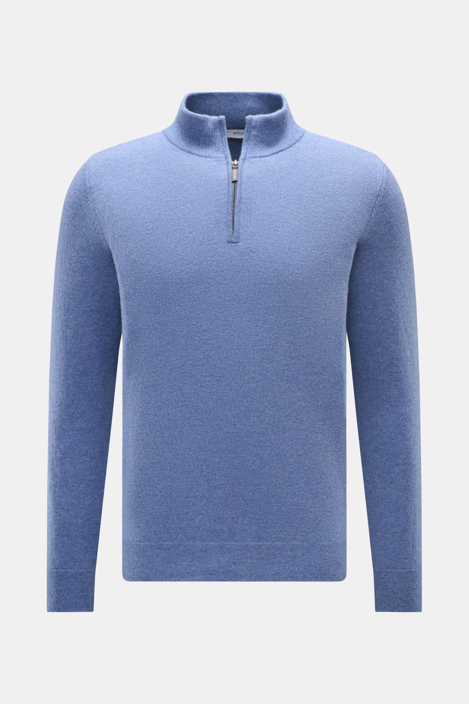 von Braun Cashmere Troyer blau meliert, frontal fotografiert, Slim Fit, feines Strickbild, reiner Cashmere aus Mongolei, Troyerkragen mit Zipper, weicher Griff, flexible Rippbündchen.