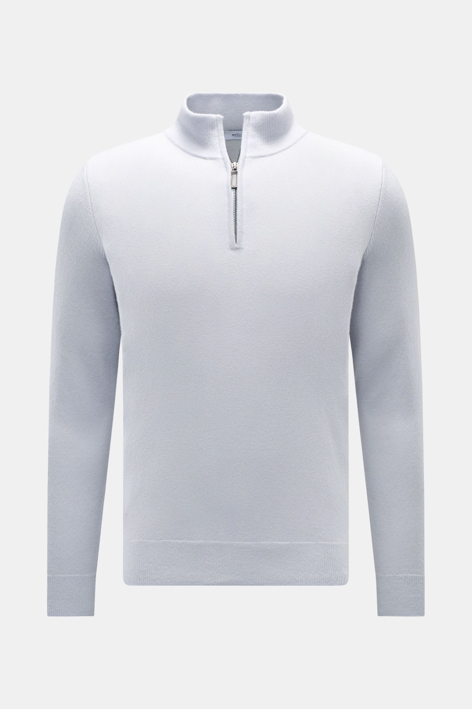 von Braun Cashmere Troyer hellblau, Slim Fit, feines Strickbild, reiner Cashmere aus Mongolei, weicher Griff, Troyerkragen mit Zipper, flexible Rippbündchen, Frontansicht