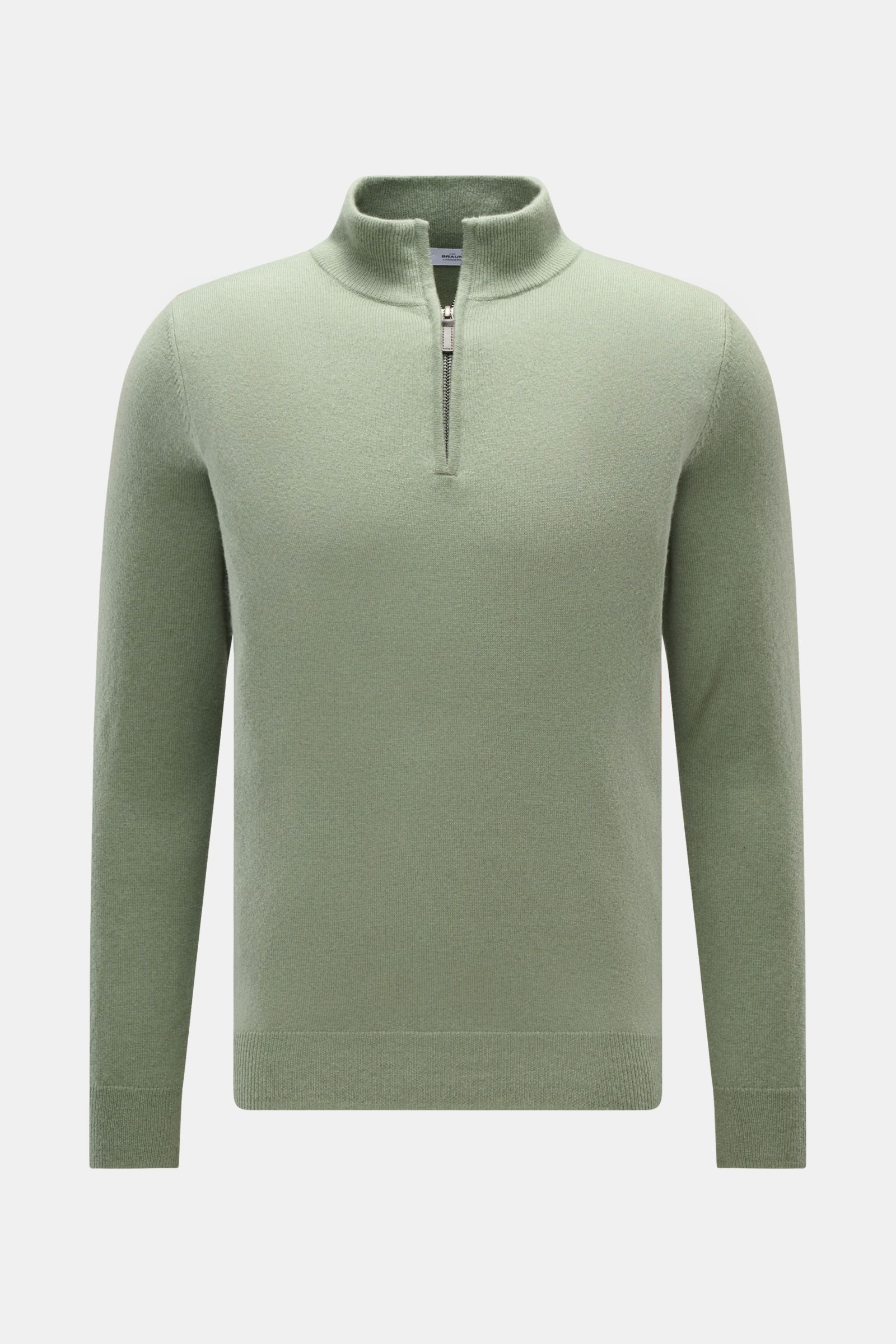 von Braun Cashmere Troyer salbei in Frontansicht, Slim Fit, reiner mongolischer Cashmere, weicher Griff, feines Strickbild, Troyerkragen mit Zipper, flexible Rippbündchen.