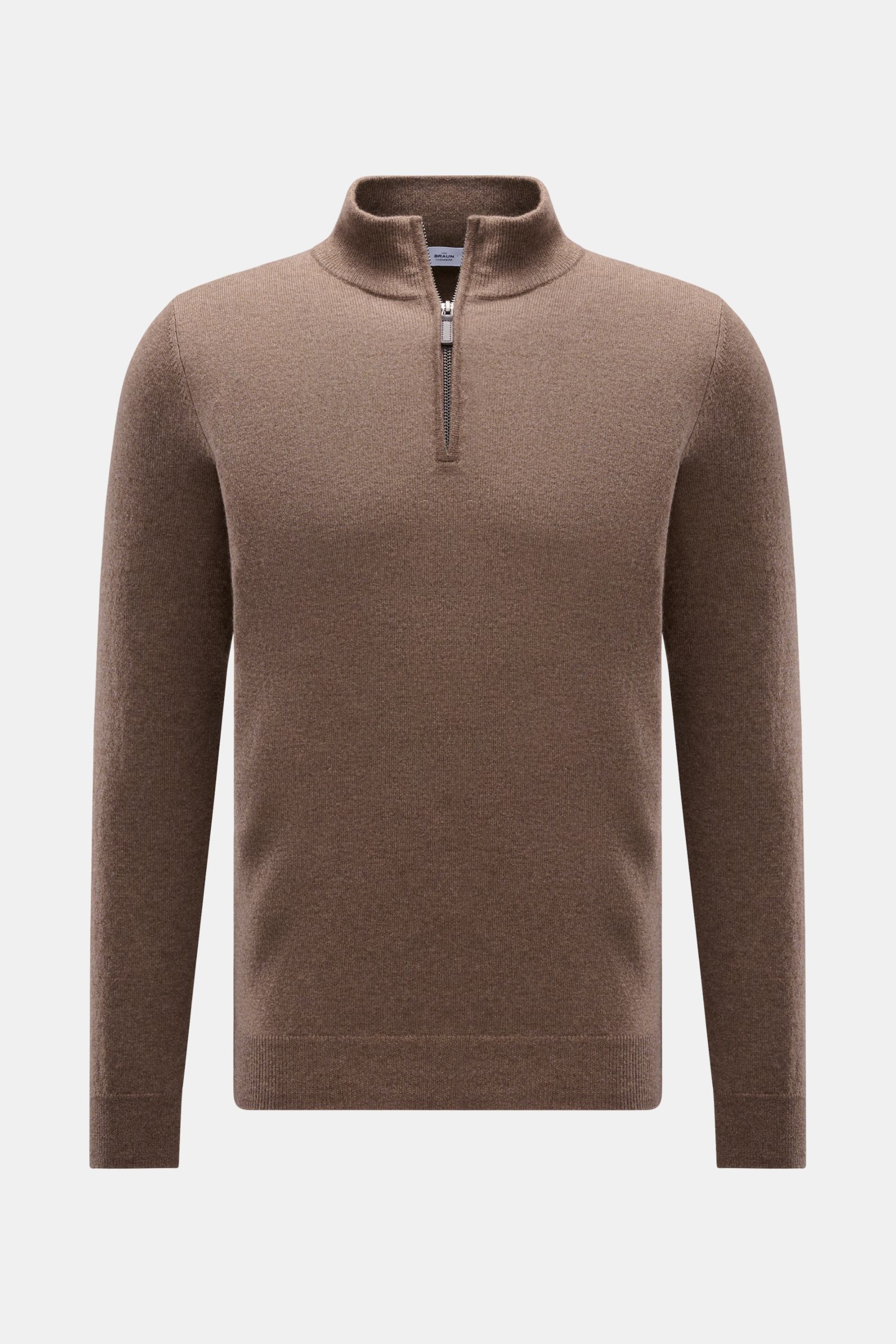von Braun Cashmere Troyer braun meliert, frontal fotografiert, Slim Fit mit Troyerkragen und Zipper, reiner Cashmere aus der Mongolei, weicher Griff, feines Strickbild, flexible Rippbündchen.