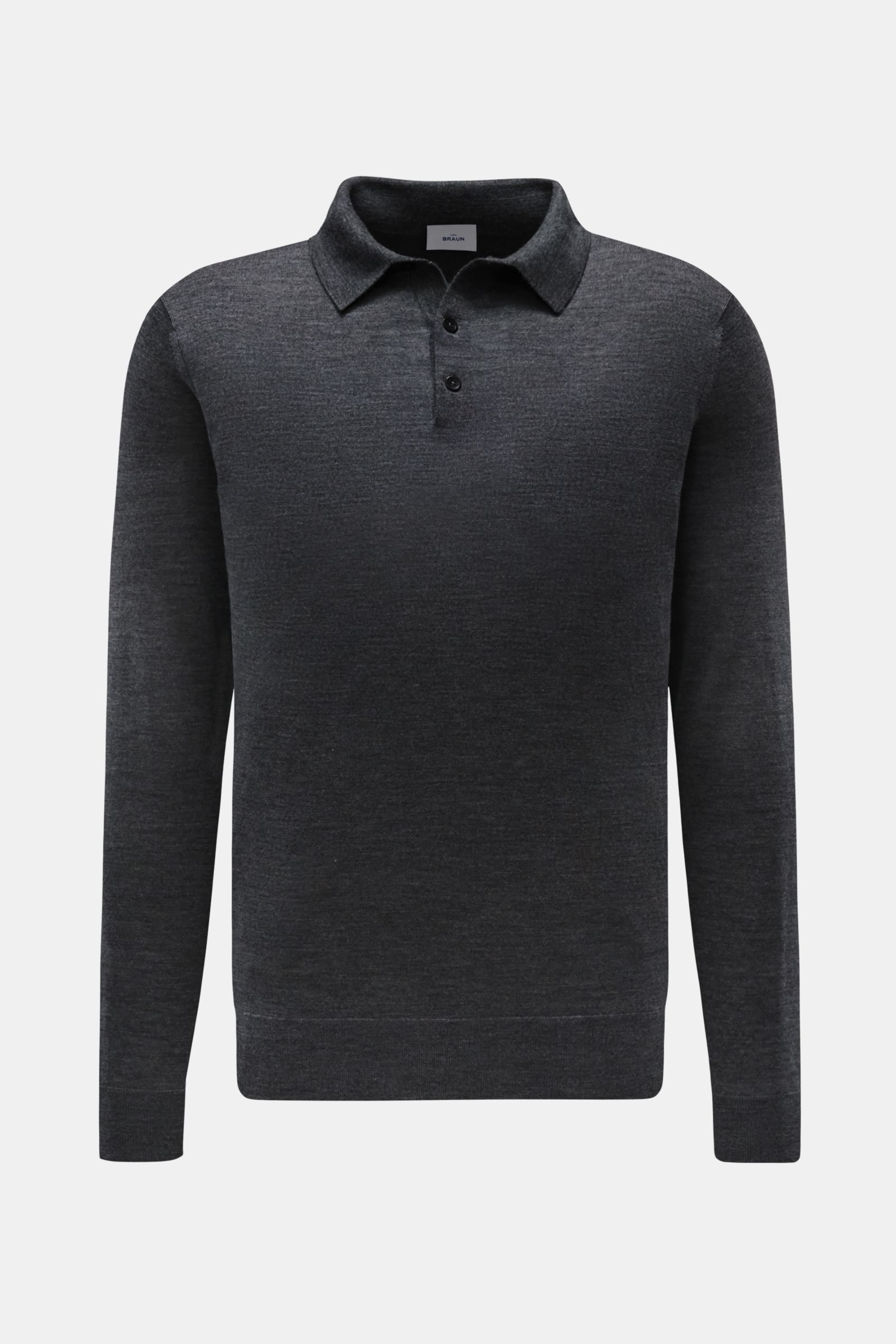 von Braun Merino Feinstrickpolo anthrazit meliert, Frontansicht, Slim Fit aus reiner Merinowolle mit schmalem Polokragen, glatter Drei-Knopf-Leiste und komfortablen Rippbündchen.