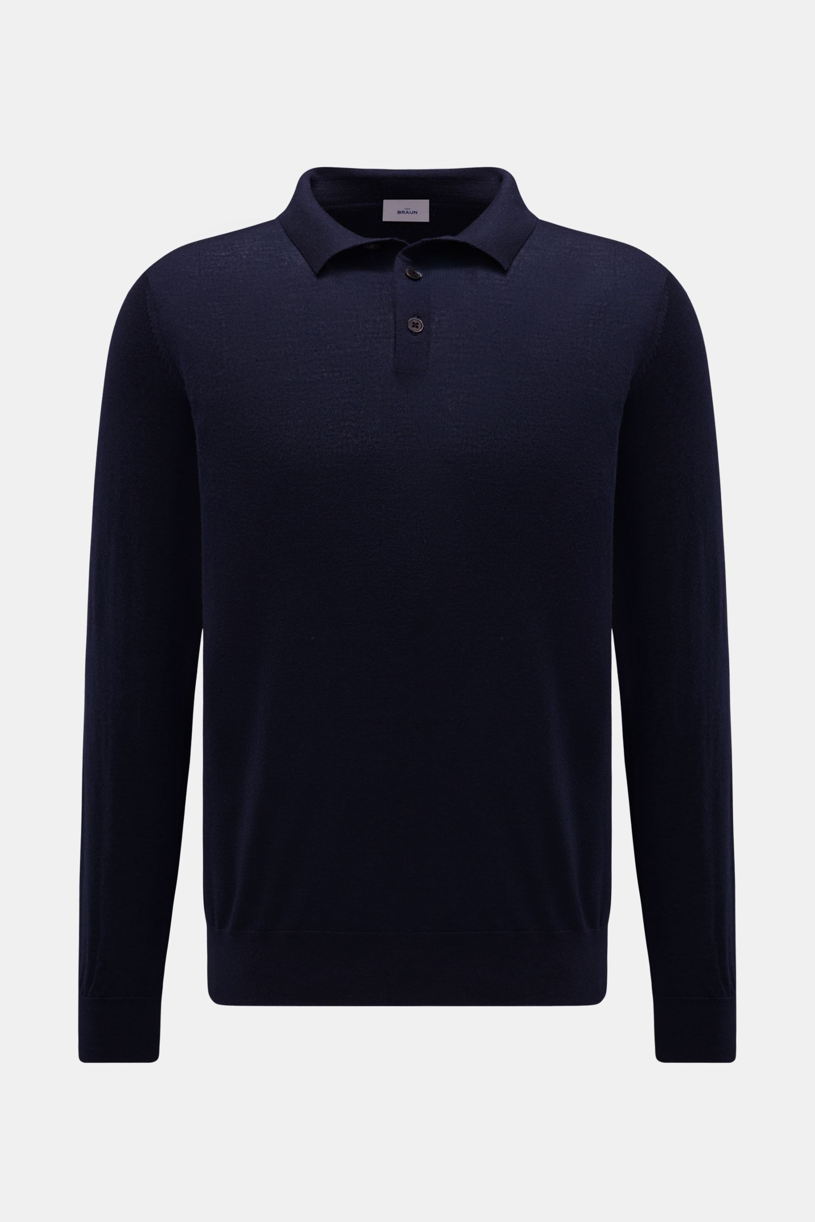 von Braun Merino Feinstrickpolo navy in Slim Fit, frontal fotografiert, aus reiner Merinowolle mit schmalem Polokragen, glatter Drei-Knopf-Leiste und komfortablen Rippbündchen, sehr feines Strickbild und geschmeidiger Griff.