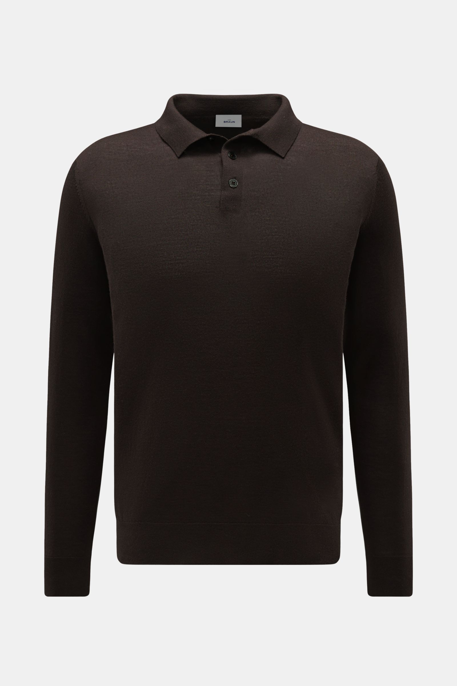 von Braun Merino Feinstrickpolo dunkelbraun, Slim Fit, reine Merinowolle, feines Strickbild, schmaler Polokragen, Drei-Knopf-Leiste, Rippbündchen, frontal fotografiert.
