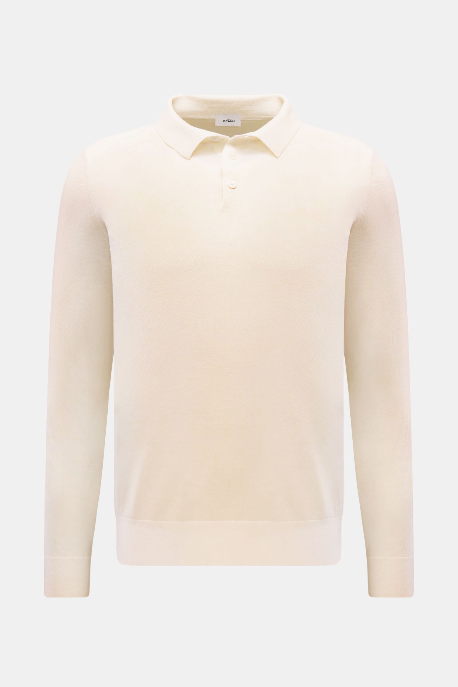 von Braun Merino Feinstrickpolo creme, frontal fotografiert, Slim Fit, reine Merinowolle, feines Strickbild, schmaler Polokragen, Drei-Knopf-Leiste, Rippbündchen, glatter Griff.