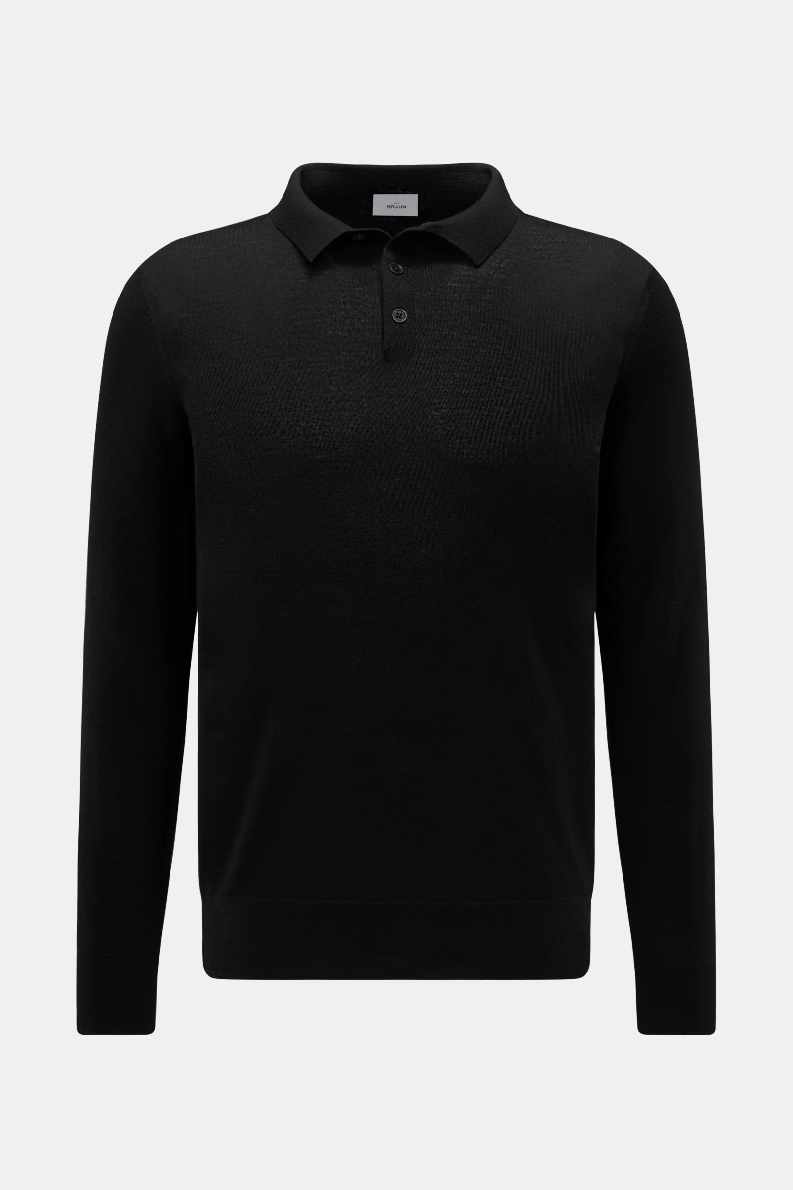 von Braun Merino Feinstrickpolo schwarz, frontale Nahaufnahme, Slim Fit aus reiner Merinowolle mit schmalem Polokragen, glatter Drei-Knopf-Leiste und komfortablen Rippbündchen, feines Strickbild, geschmeidiger Griff